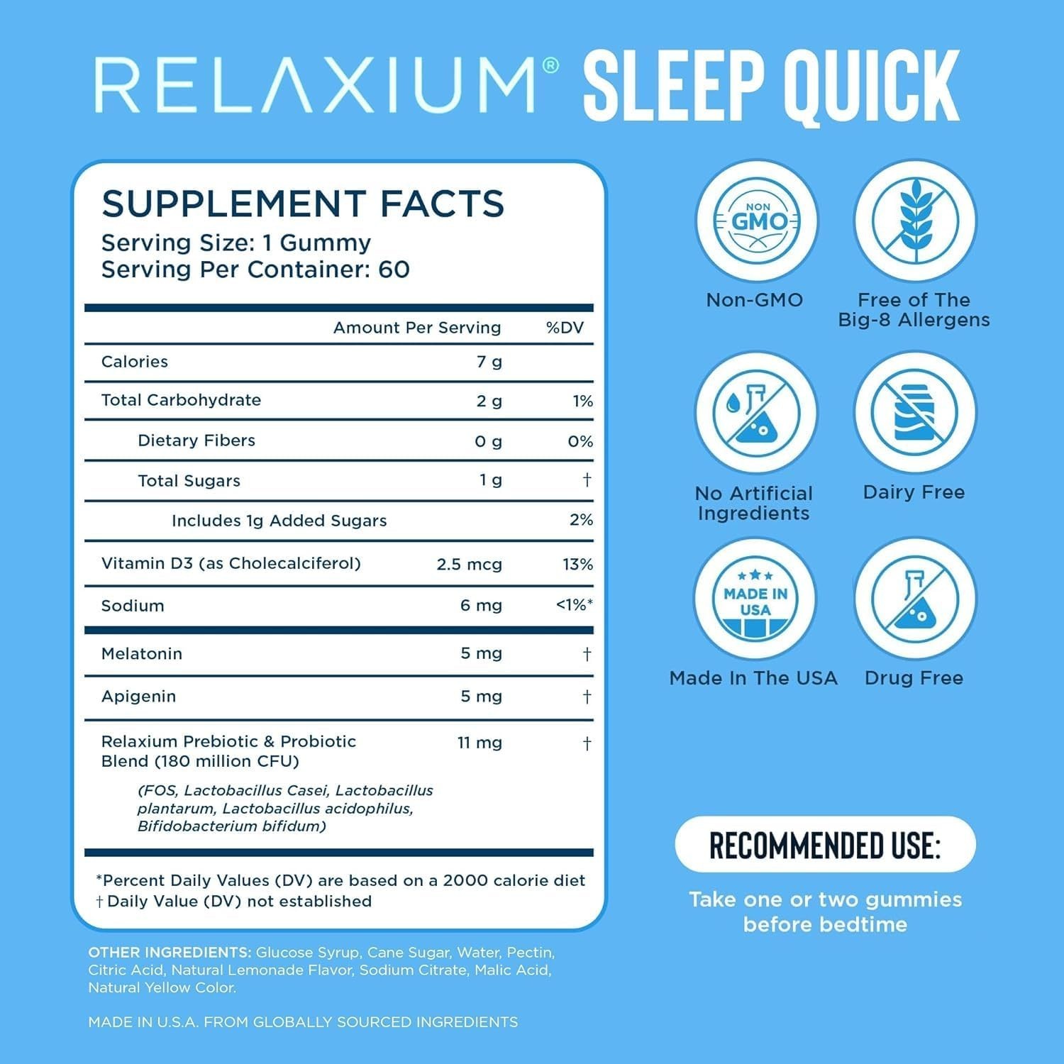 NEW RELAXIUM Sleep Quick Gummies – Sleep Aid Support – Yummy Lemon – 60 Gummies
