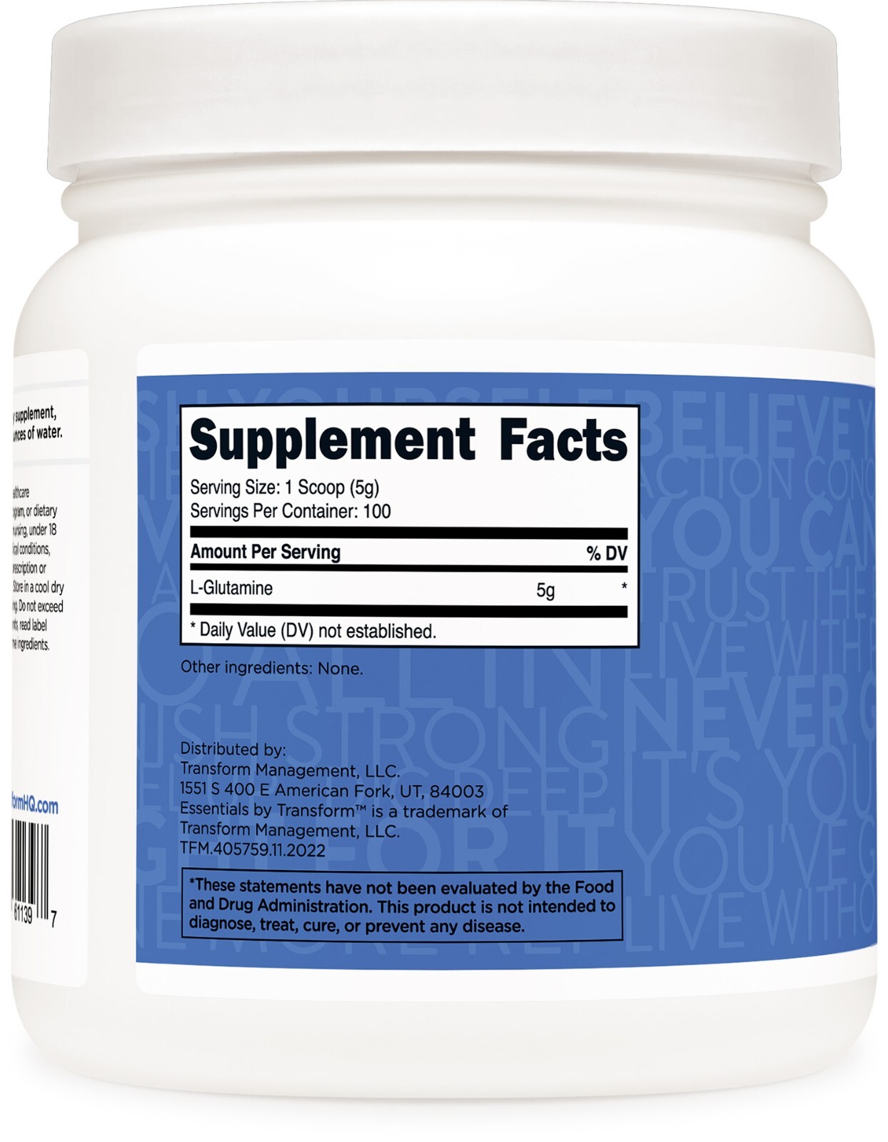 TransformHQ L-Glutamine Powder, 500G, 100 Servings – Gluten Free, Non-GMO