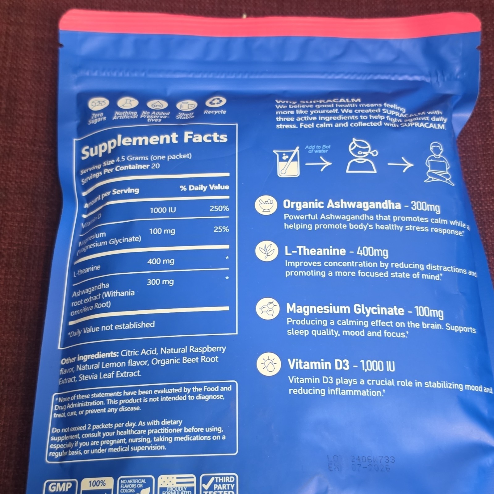 SUPRACALM Adaptogenic Drink Mix Powder Raspberry Lemonade 20 Packets D3