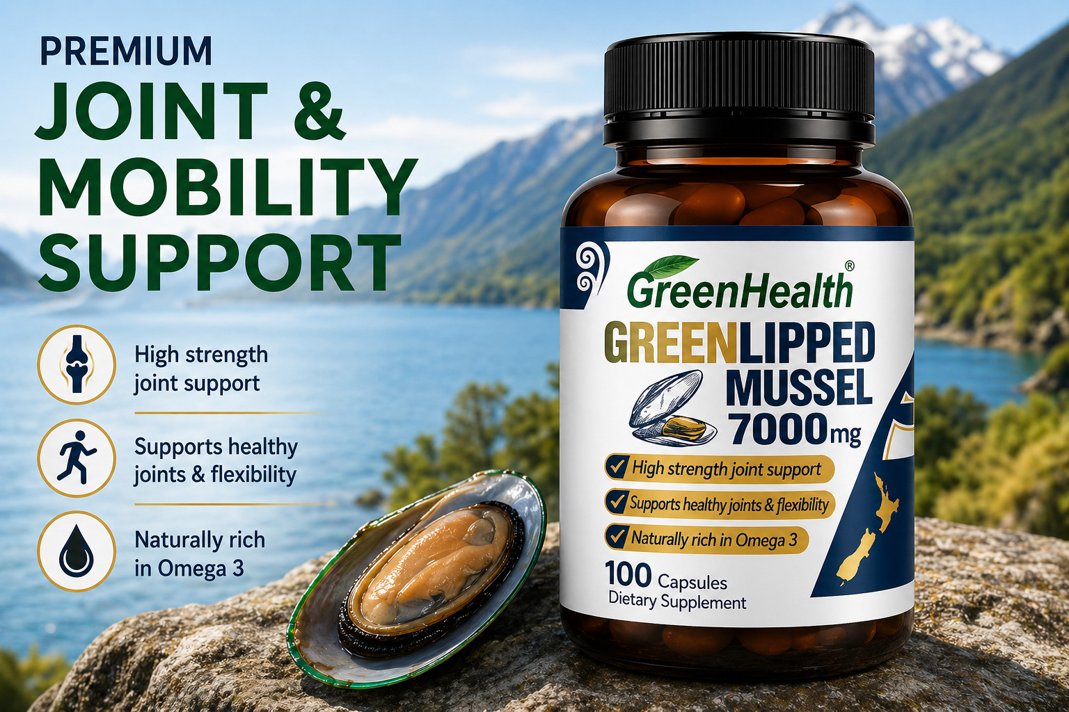 New Zealand Green Health Green Lipped Mussel 7000mg 100 Capsules