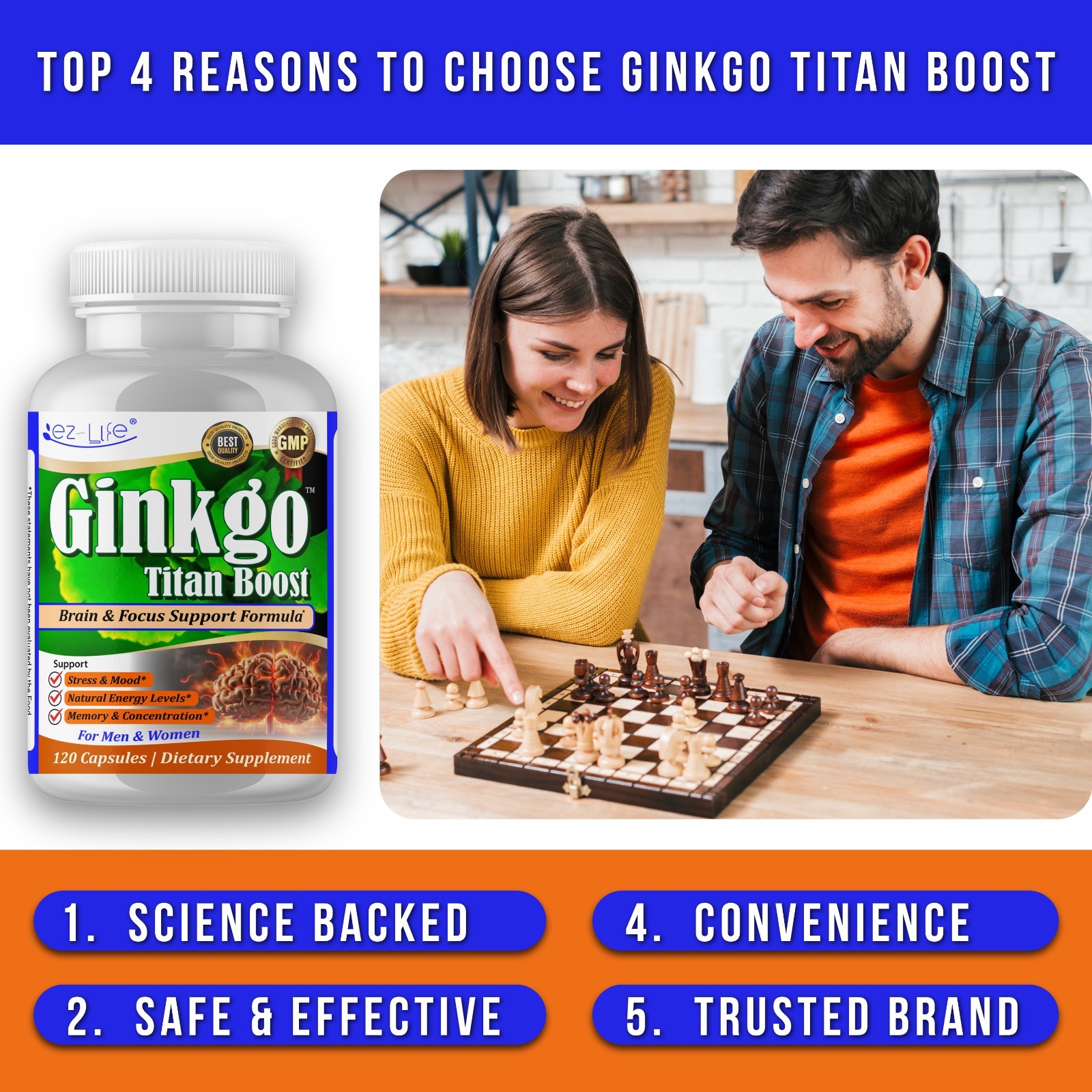 Ginkgo Biloba Ginseng- Brain Focus, Memory Herbal Energy Supplement- 60 Caps