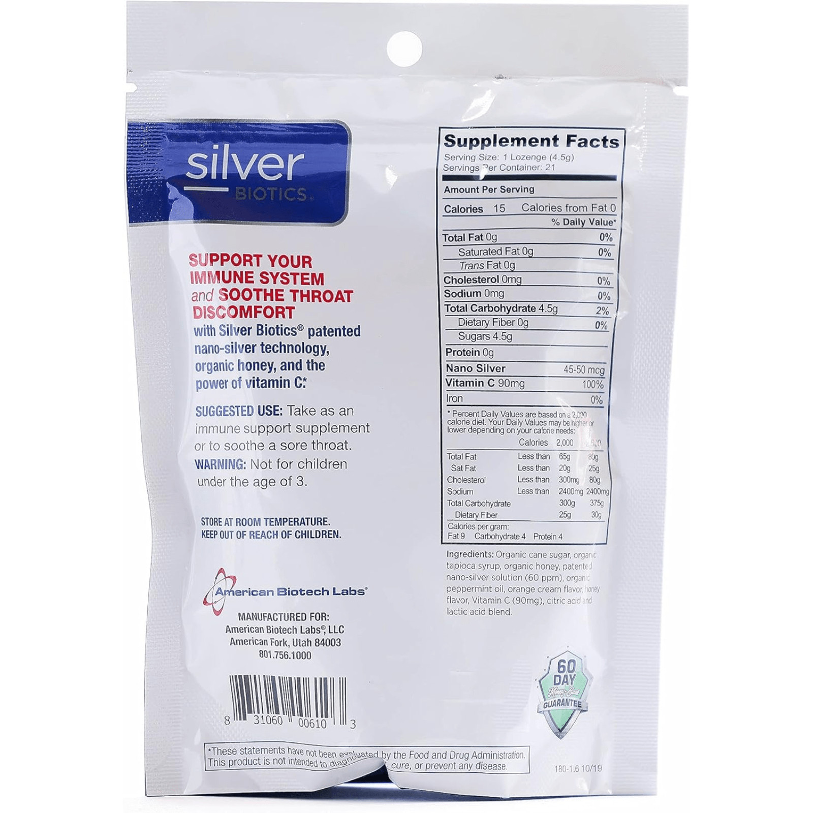 American Biotech Labs Silver Lozenges with Vitamin C 60 ppm 21 Count