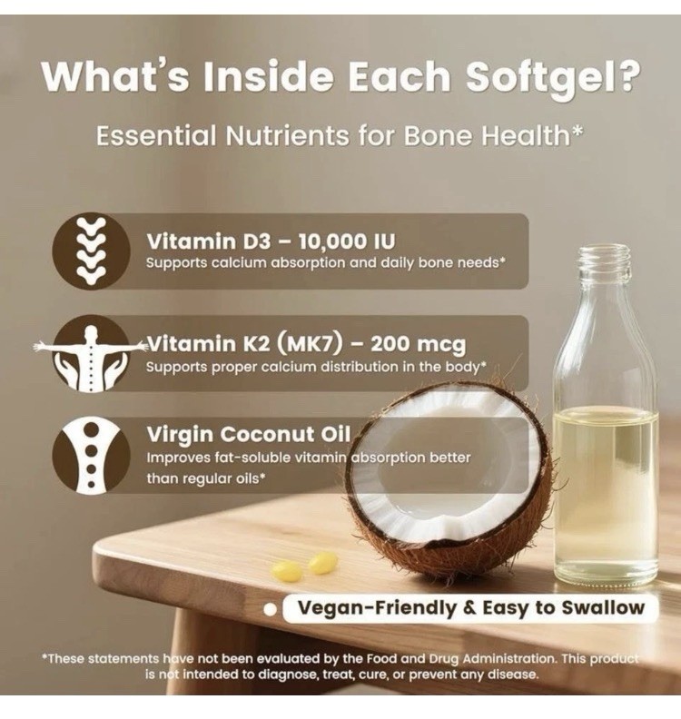 VEV Vitamin D3 & K2 10,000 IU D3 200 mcg K2 300 Softgels Coconut Oil Vegan