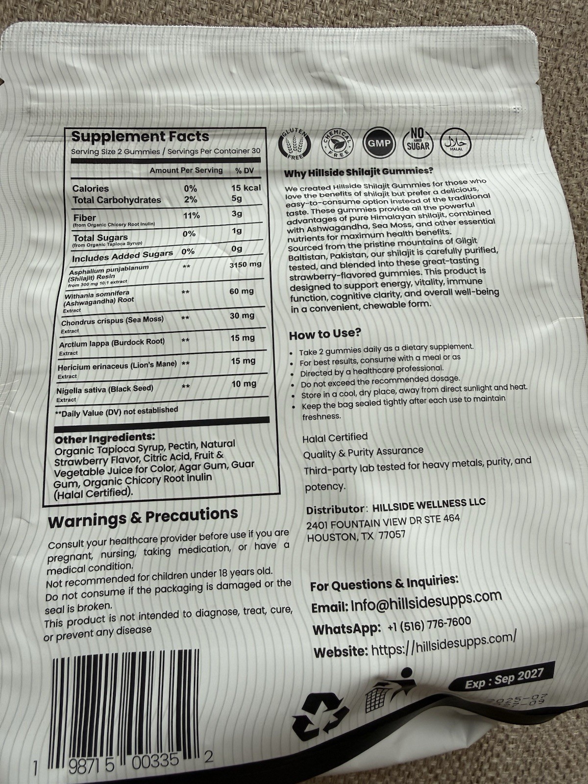 Hillside Shilajit Gummies Strawberry 2400mg Ashwagandha 60ct Exp 09/2027