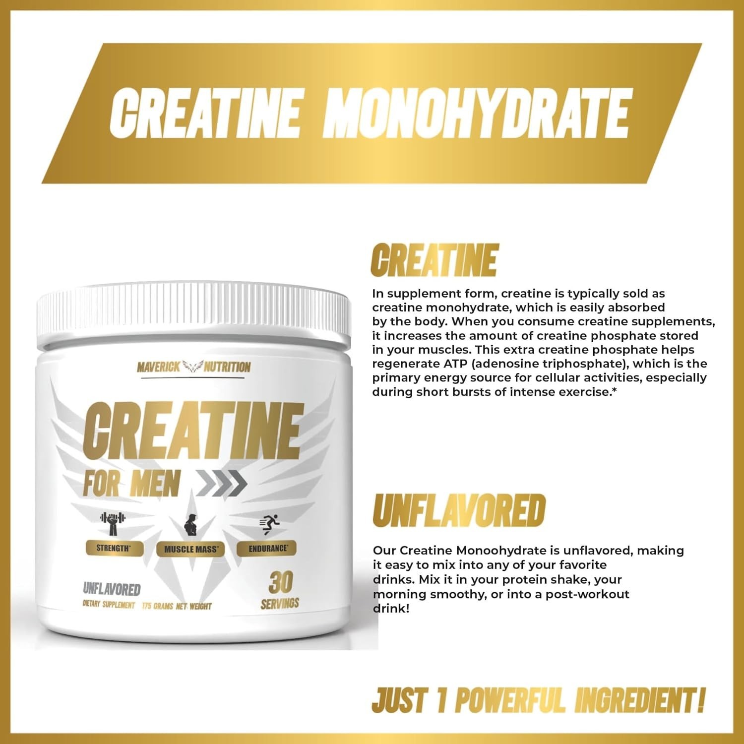 Maverick Nutrition Creatine MonohydratePowder for Men – Unflavored – 30 Srvgs