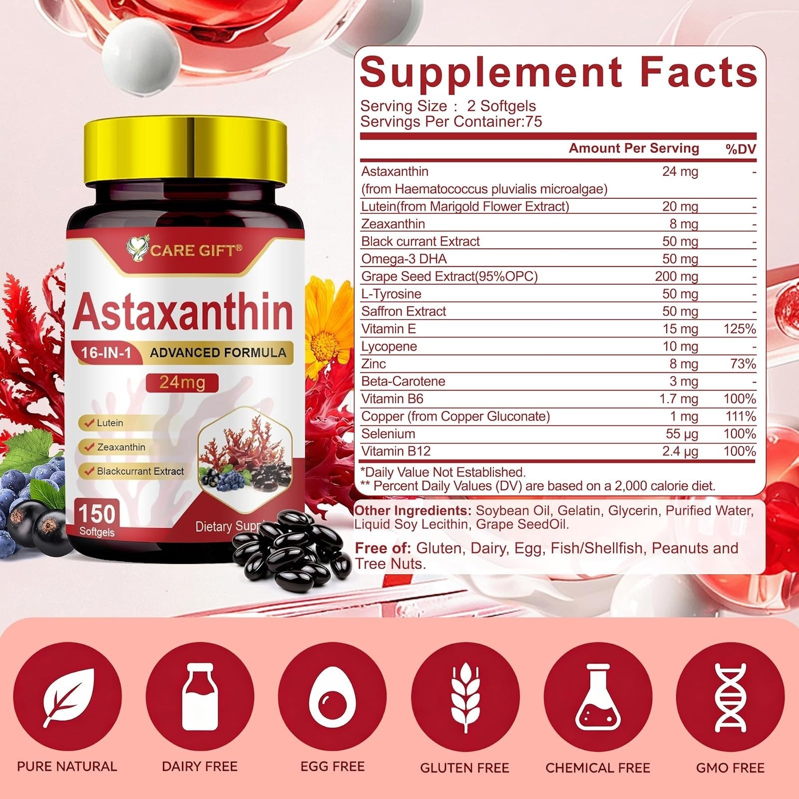 Astaxanthin Supplements 24mg 150 Softgels | Premium Antioxidant
