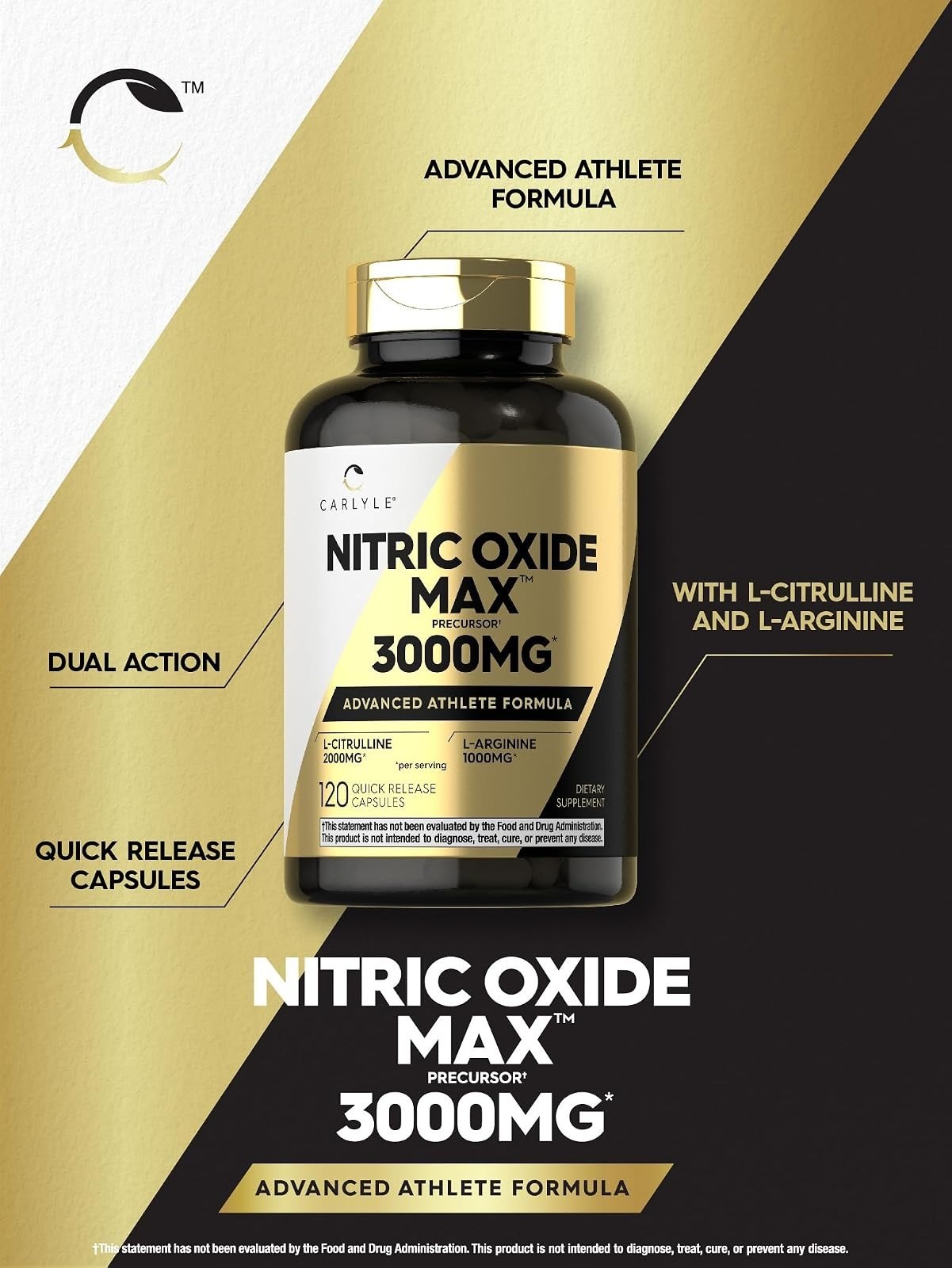 Carlyle Nitric Oxide Supplement 3000mg | 120 Capsules | L-Arginine &