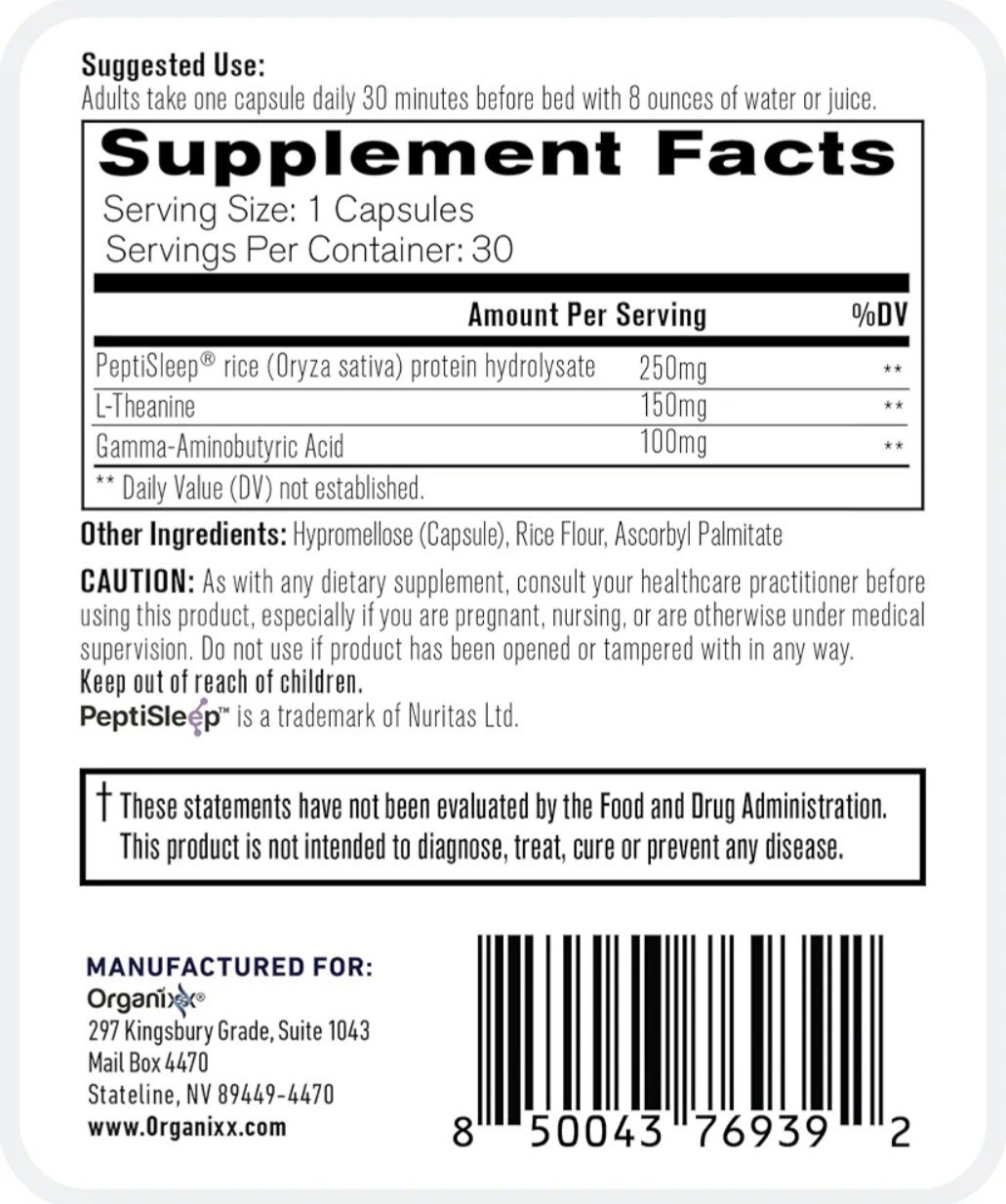 Organixx Clean Sleep 3D Melatonin Free Supplement L Theanine GABA Peptides 30ct