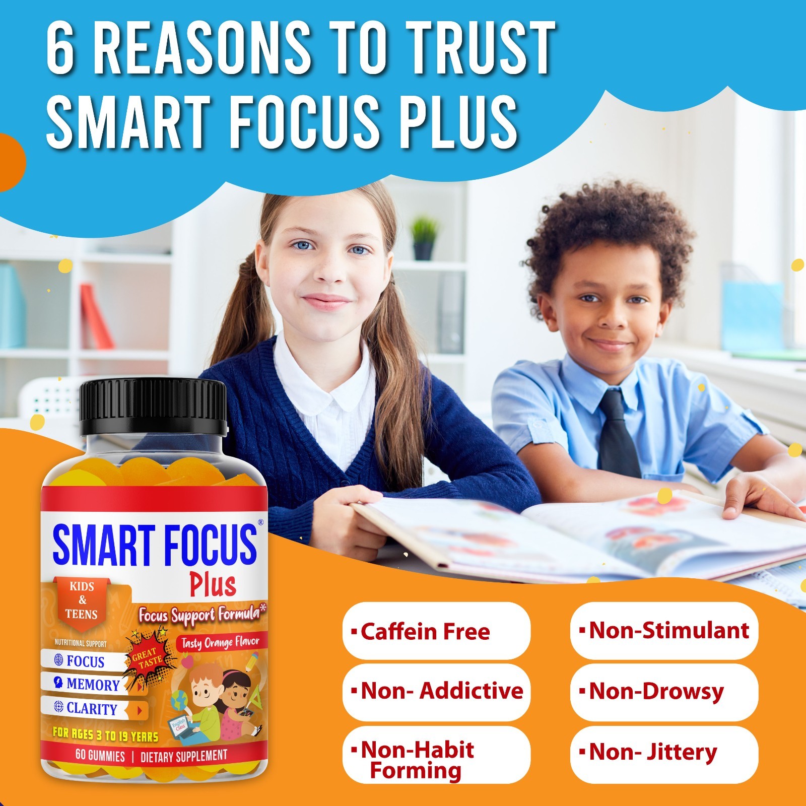 Smart Focus Gummy for Kids & Teens with DHA Omega 3 Brain & Memory Vitamins-60ct