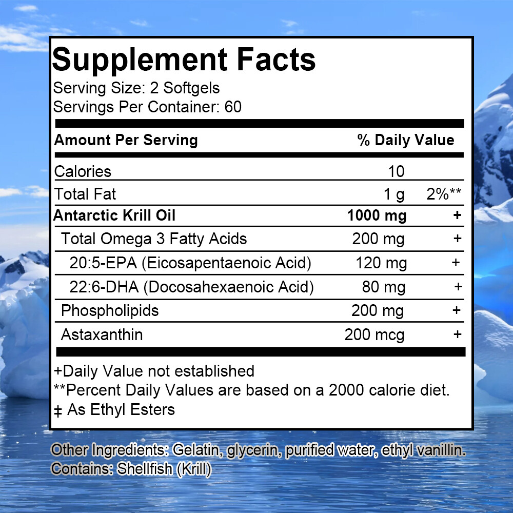 Antarctic Krill Oil 1000mg with Omega-3s EPA, DHA & Astaxanthin Premium Softgels