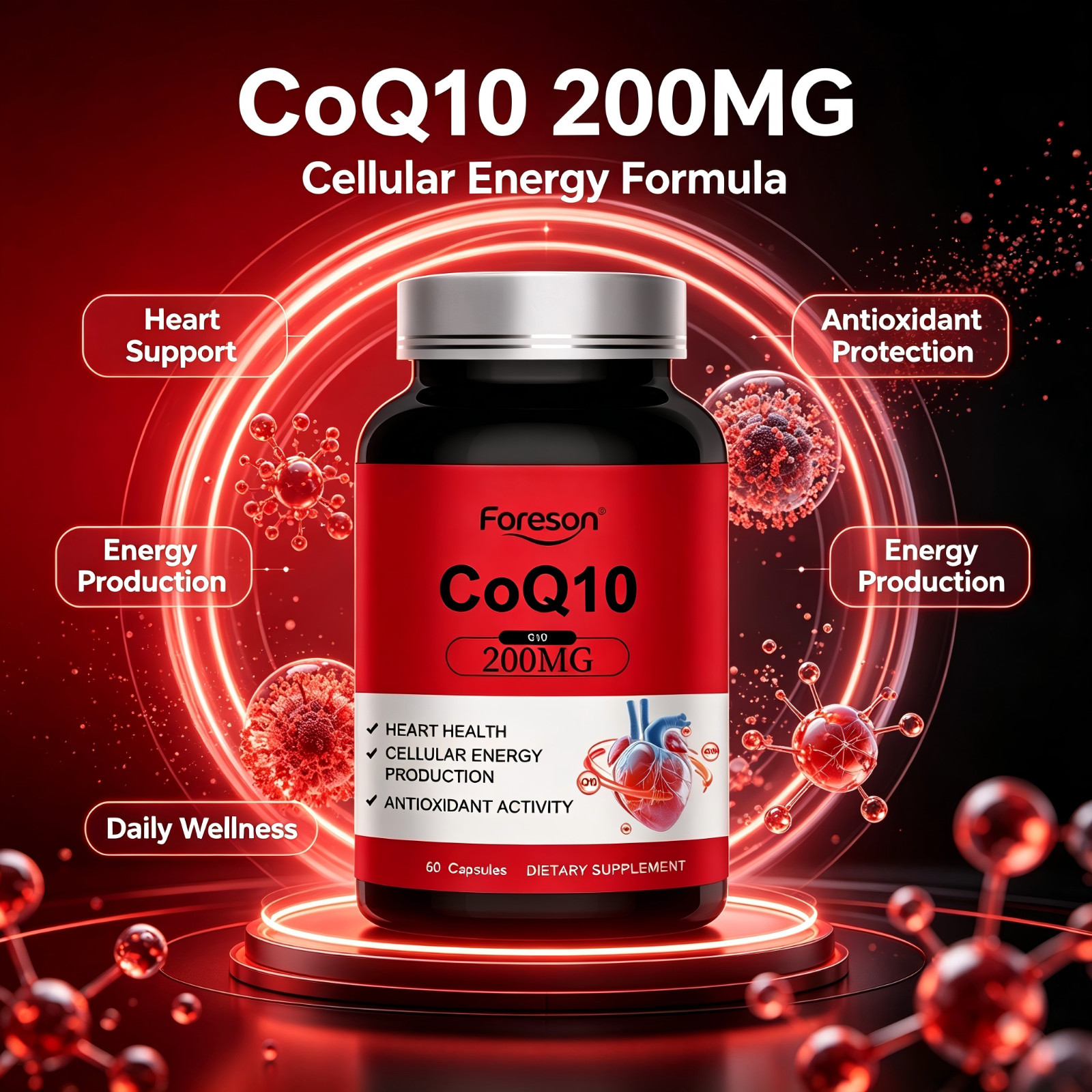 Foreson Coenzyme Q10 Capsules Heart Health Antioxidant Energy Support Supplement