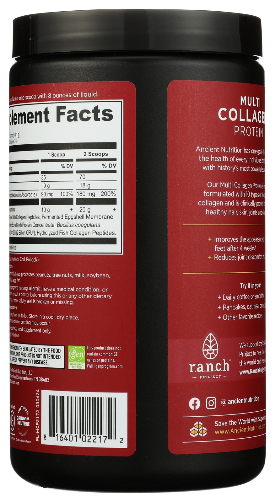 Ancient Nutrition Multi Collagen Protein Unflavored 8.6 Oz Coffee 1 Pack