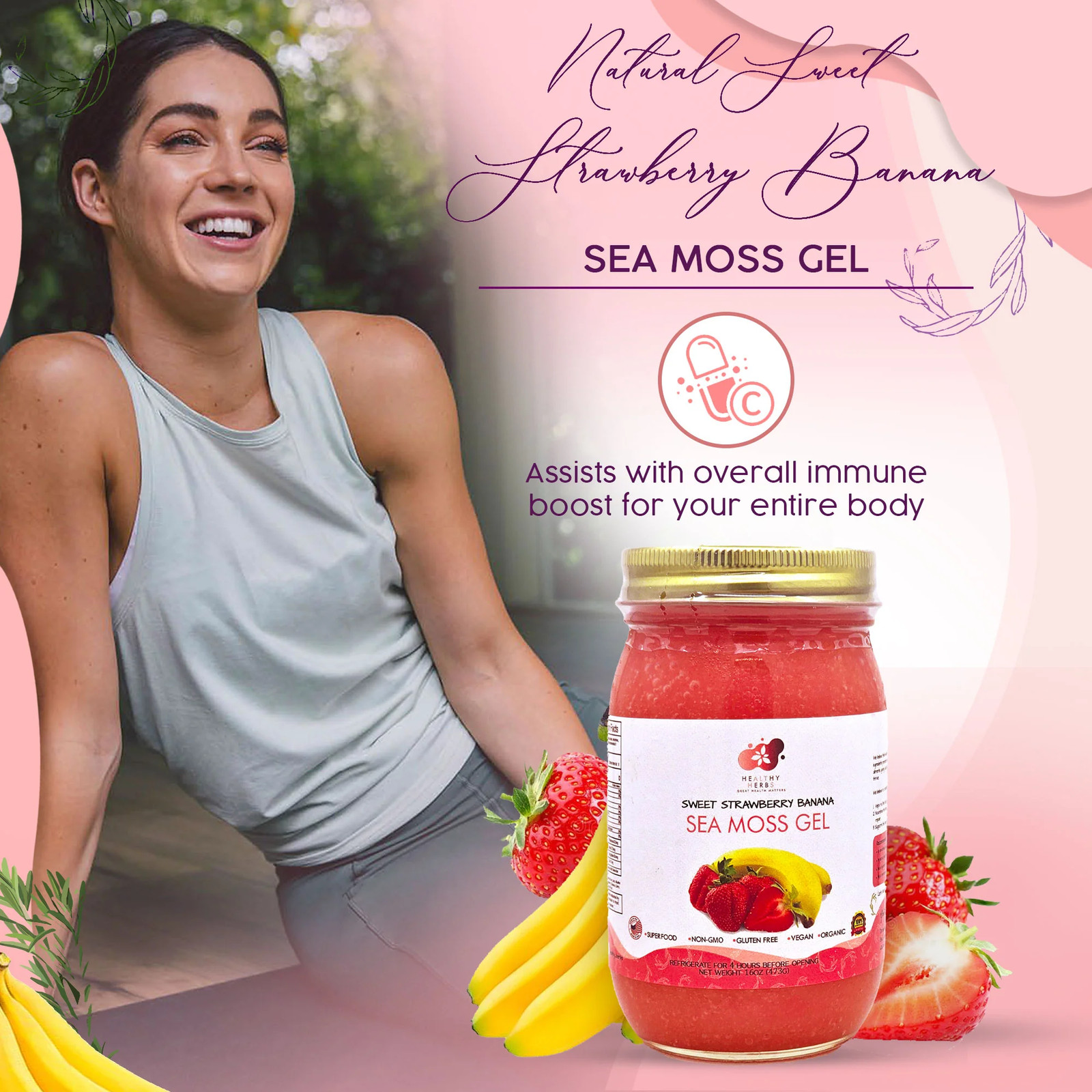 Healthy Herbs | Sea Moss Gel – Sweet Strawberry Banana (16oz)