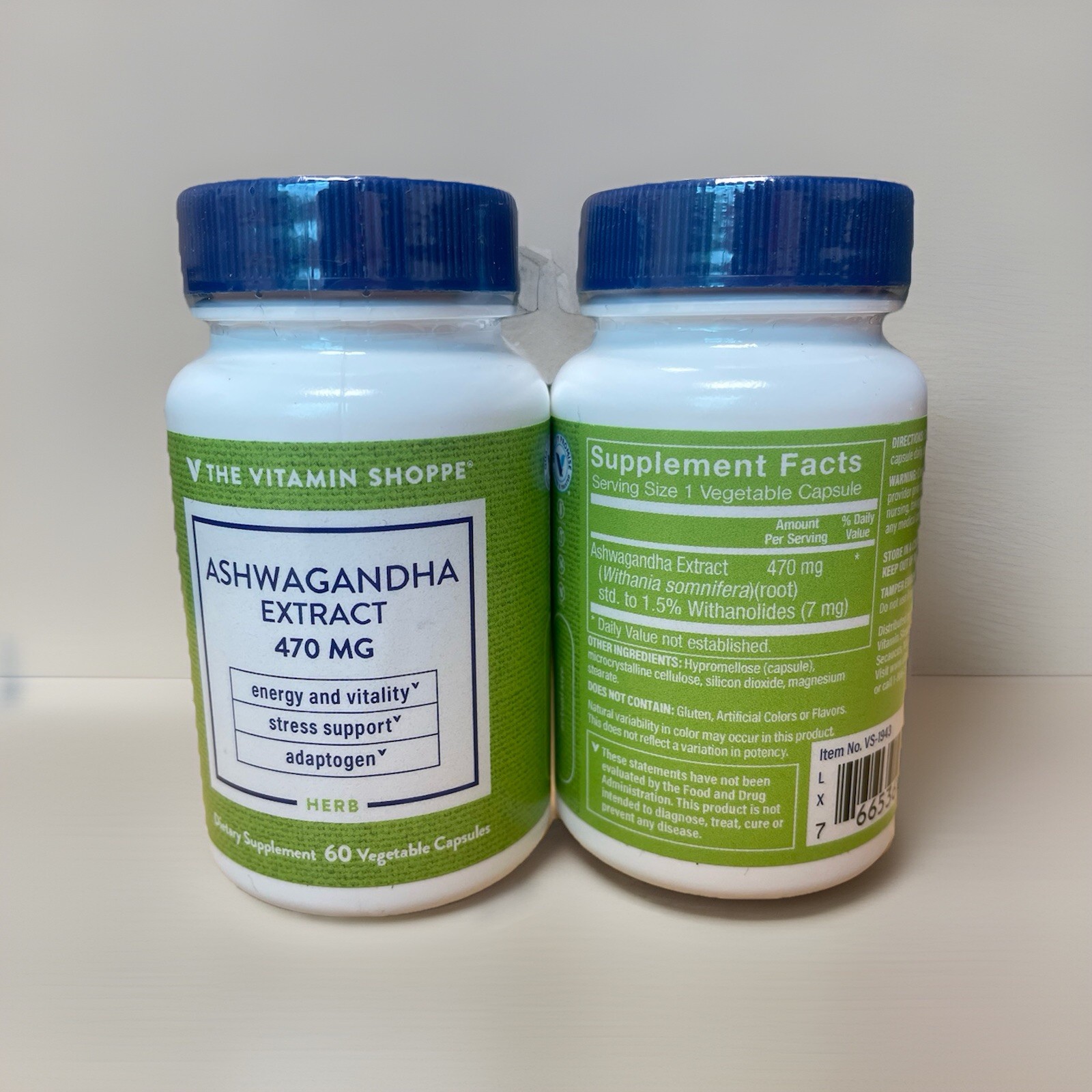 2X Vitamin Shoppe Ashwagandha Extract 470mg 60 Vegetarian Capsules Bundle