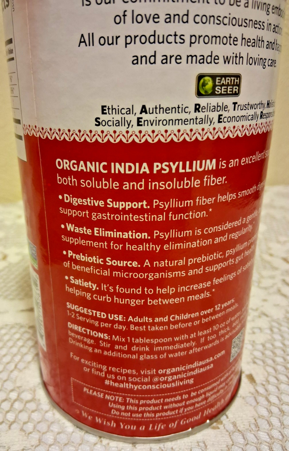 Organic India Psyllium Fiber Whole Husk Fiber Supplement Keto Vegan 12 oz