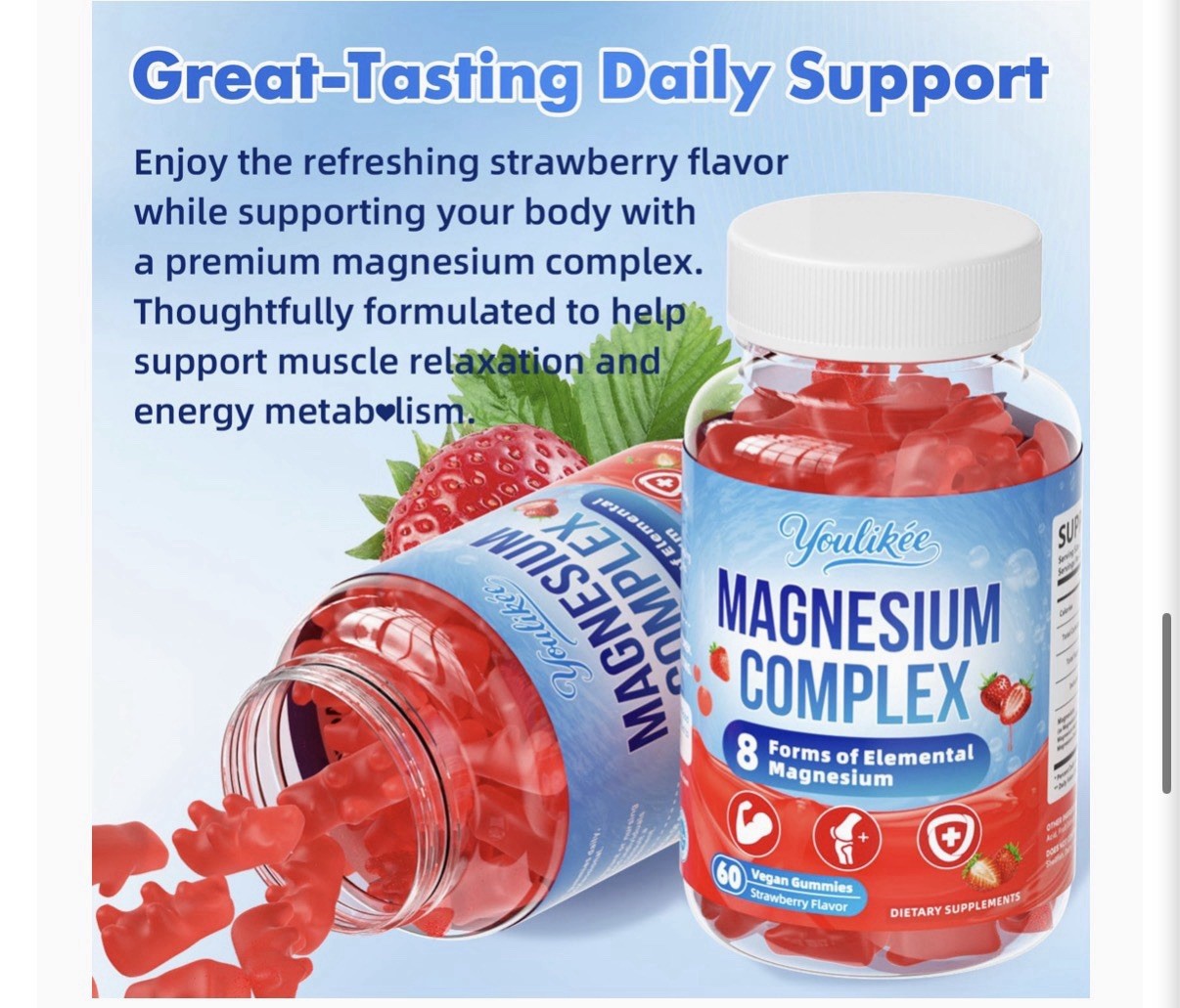 Youlikee Magnesium Complex 400mg Gummies Strawberry 60ct Vegan Sugar-Free