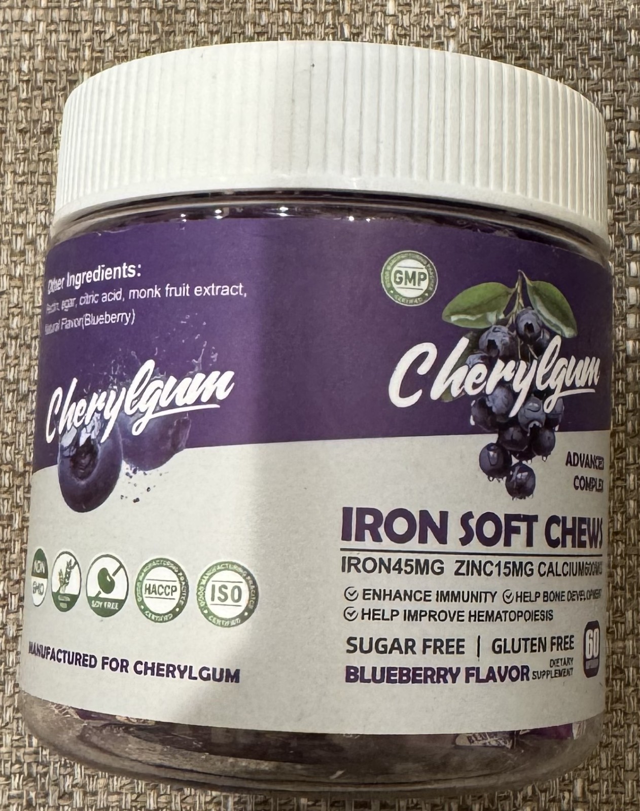 New Cherylgum Iron Soft Chews Blueberry 60 Count 12/2026