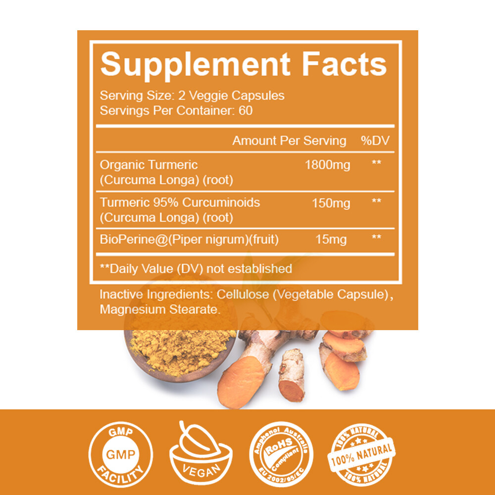 Turmeric Curcumin Highest Potency 1950mg&BioPerine Black Pepper Extract 120Pcs