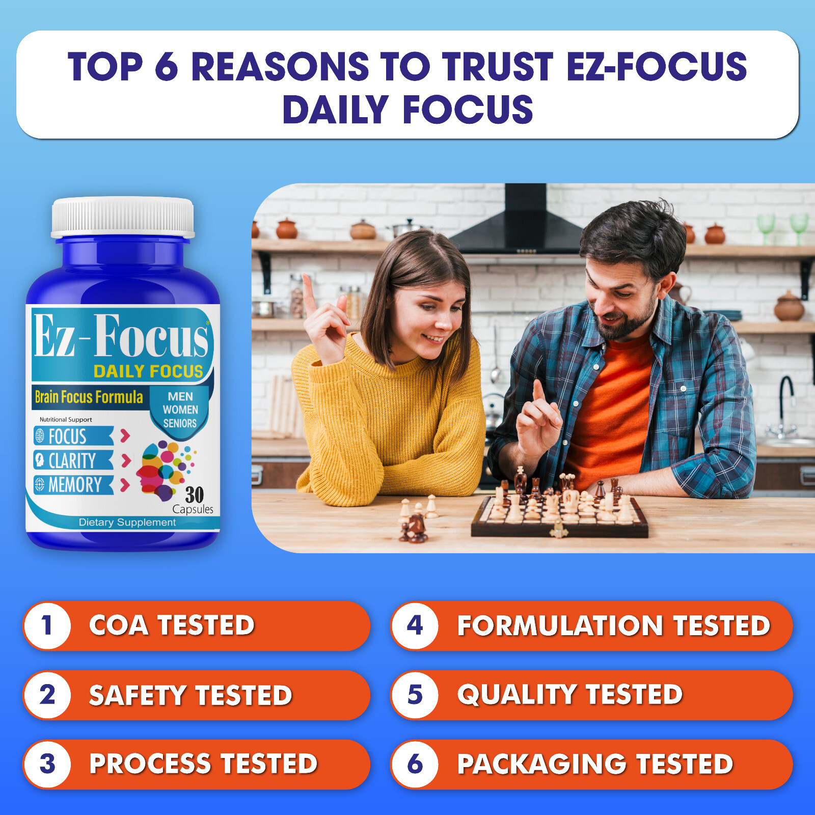 EZ-Focus Brain Booster Supplement & Focus Vitamins for Seniors and Adults 60Caps