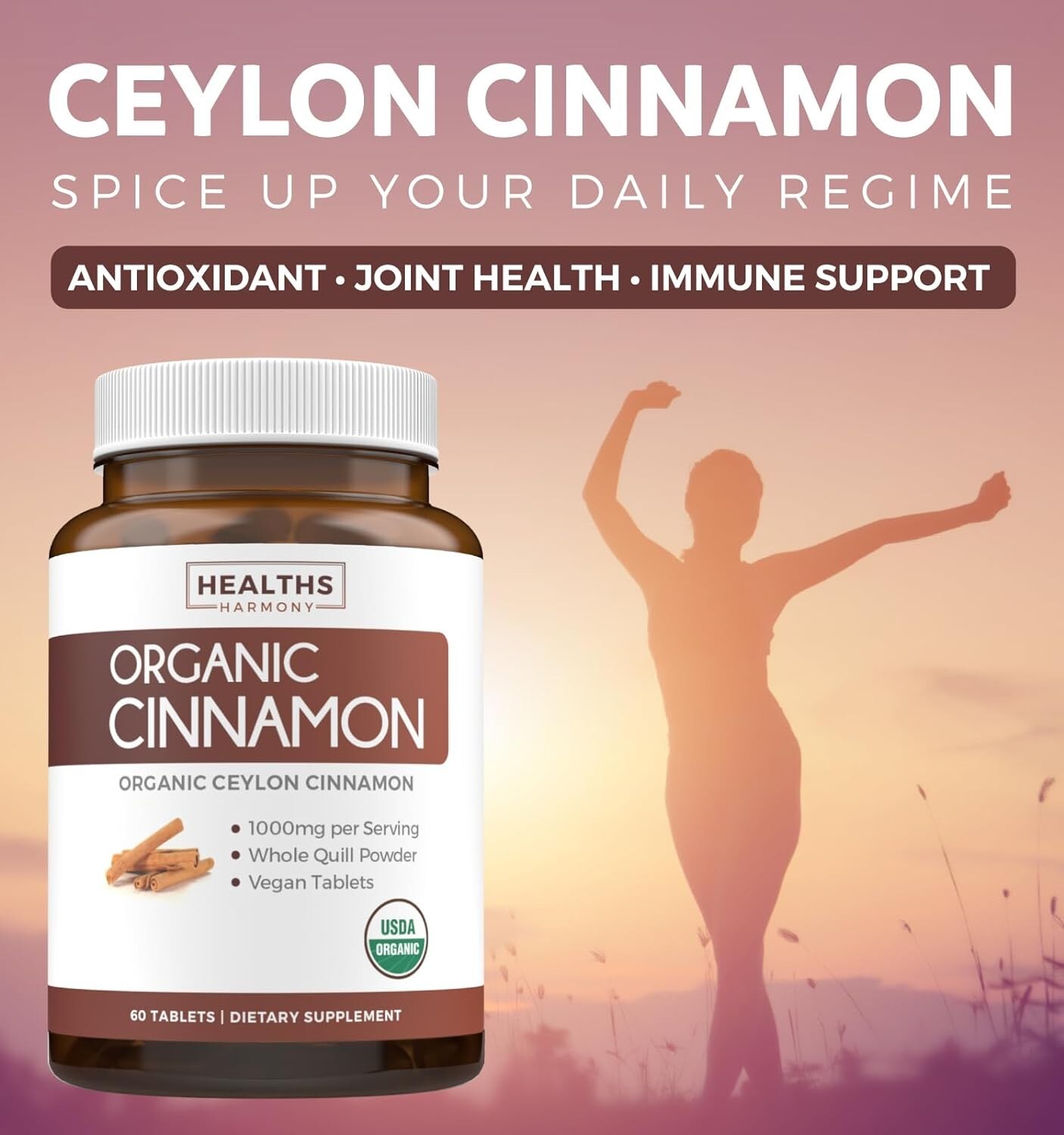 Health’s Harmony USDA Organic Ceylon Cinnamon (60 Tablets) 1000mg Cinnamon