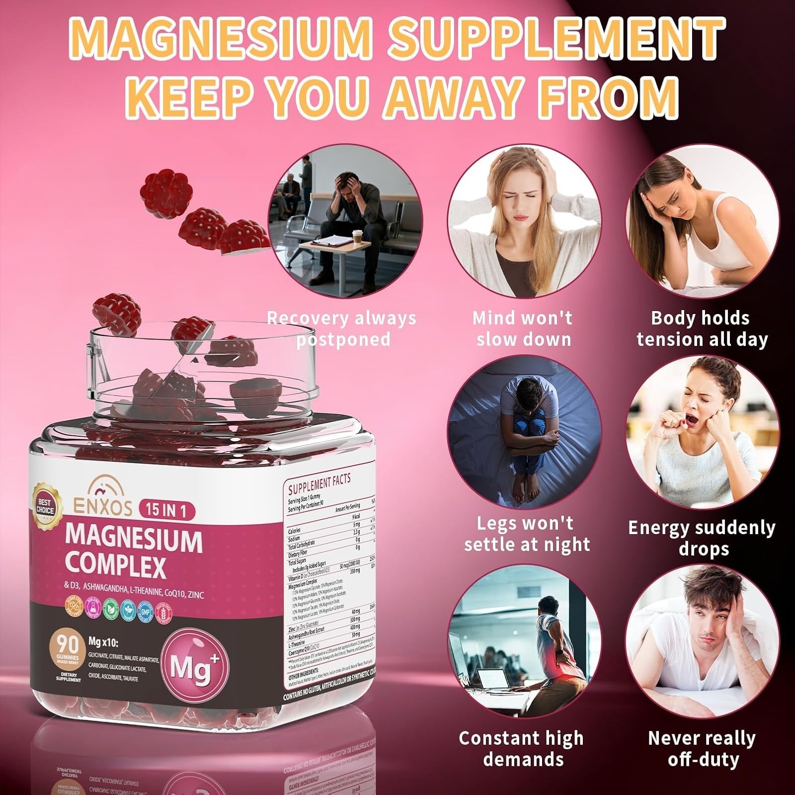 ENXOS 15-in-1 Magnesium Complex Gummies 350mg for Sleep & Stress Relief