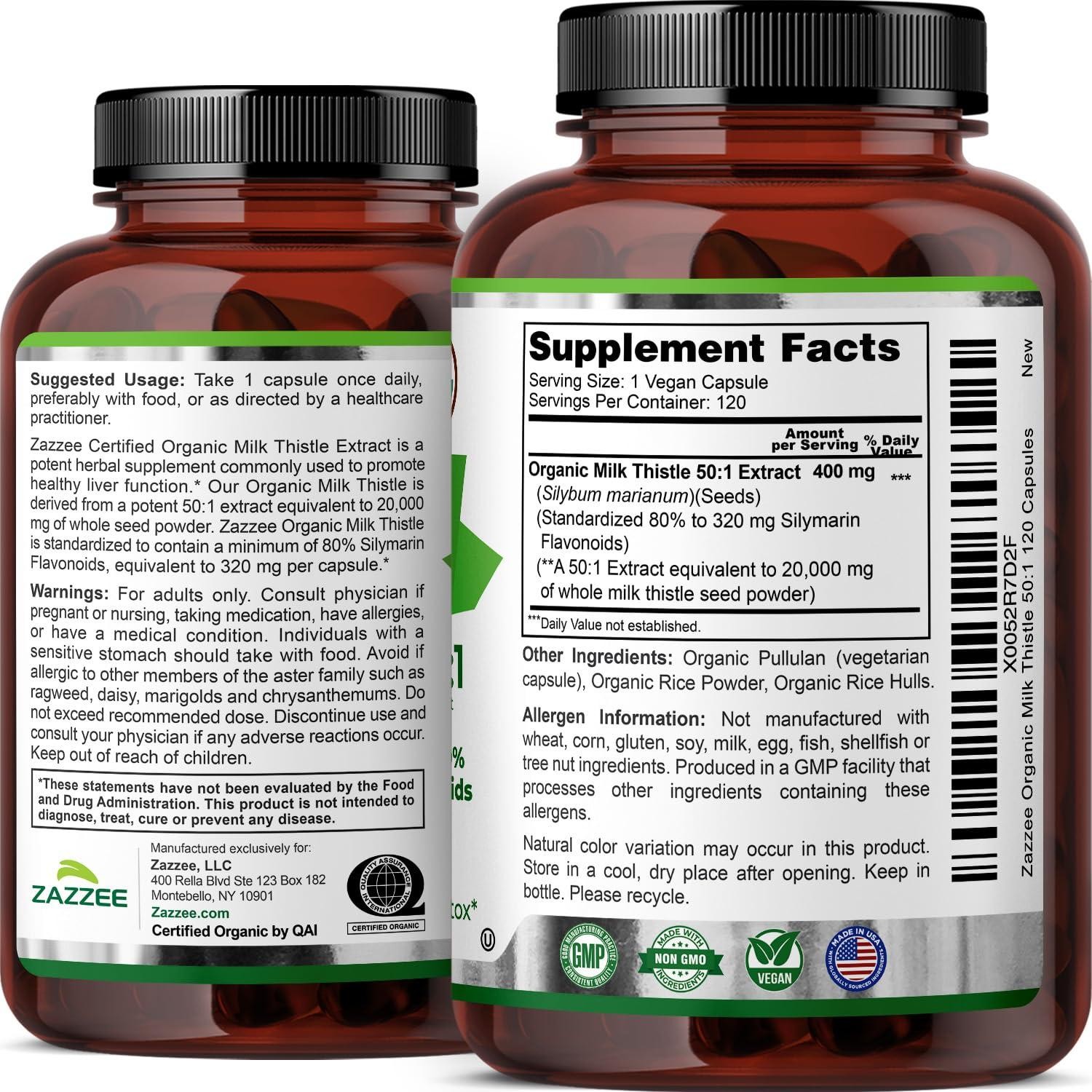 USDA Organic Milk Thistle 50:1 Extract, 80% Silymarin Flavonoids, 120 Capsules