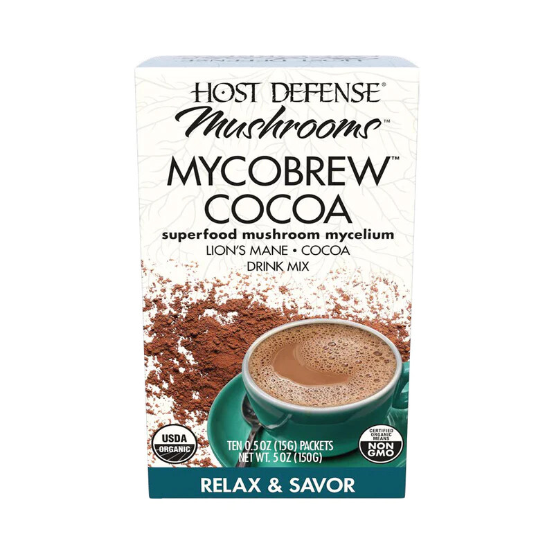 Host Defense MycoBrew Cocoa Powder Box of 10 packets, Drink Mix with Lion’s Mane