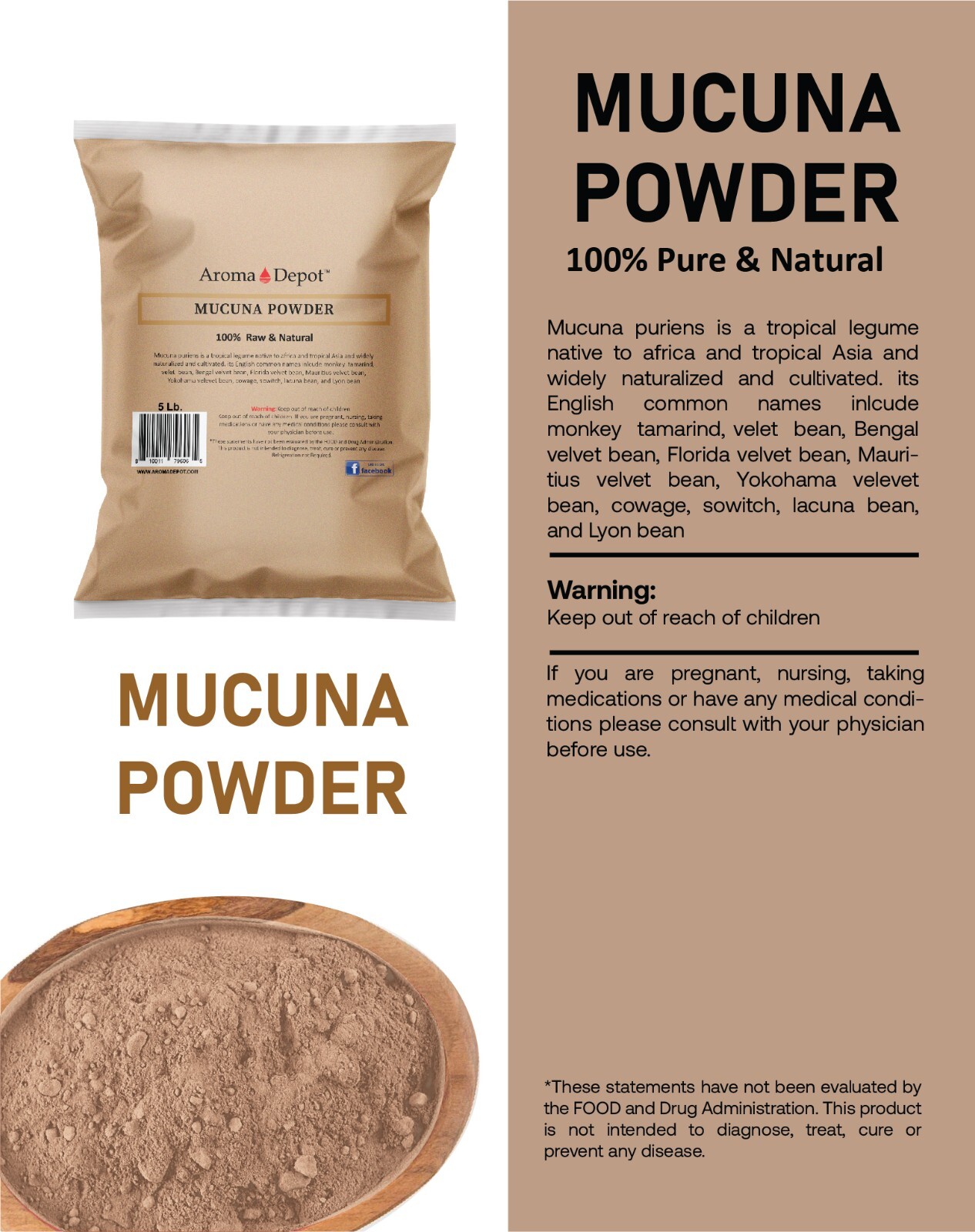 Mucuna Powder 5 lb. 100% Pure Natural Pruriens Bean Haba del Terciopelo en Polvo
