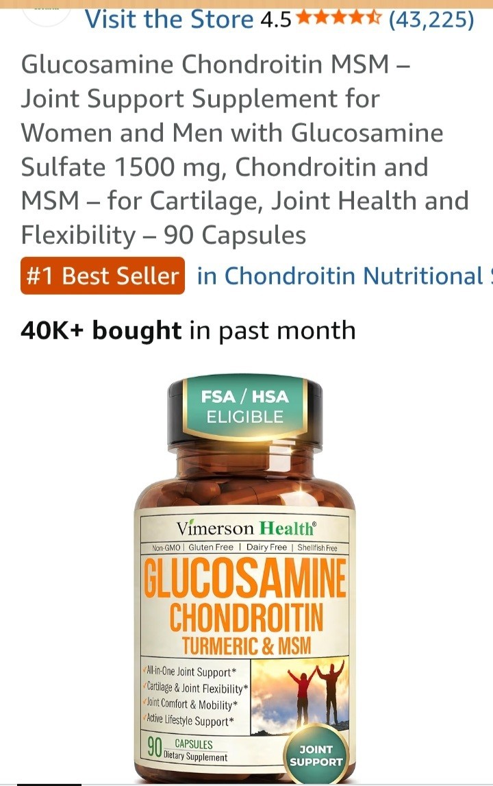 Vimerson Health Glucosamine Chondroitin MSM Turmeric Joint Support Capsules 90ct