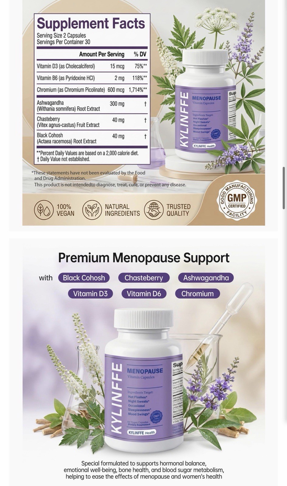 KYLINFFE Menopause Support Vegan Capsules 60ct D3 B6 Chromium Exp 03/2028