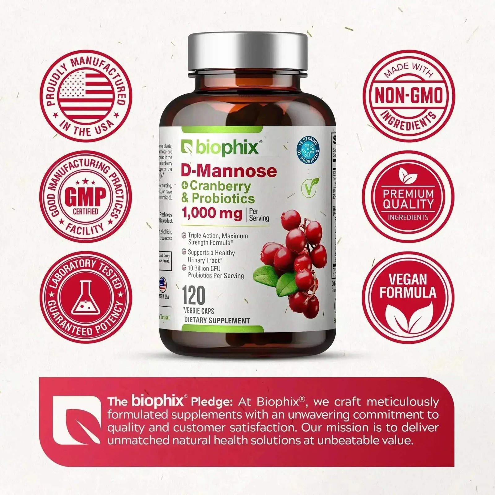 Biophix D-Mannose Plus Cranberry and Probiotics 1000 mg 120 Vcaps 2 Pack