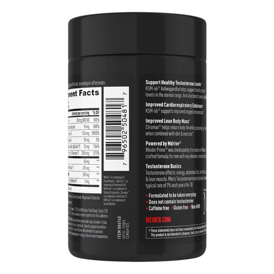 Weider Prime Mens Supplement 120 Capsules Ashwagandha Vitamin D Chromium EXP8/27