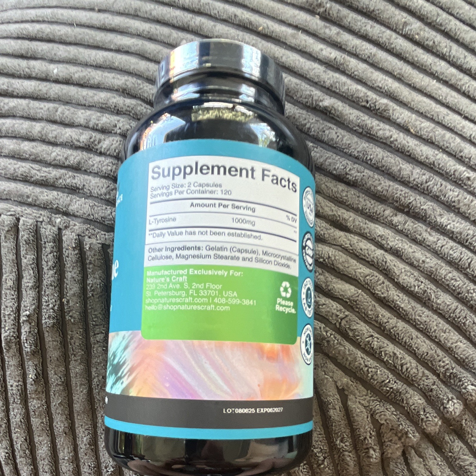 Nature’s Craft L-Tyrosine 500mg 240 Capsules Amino Acid LOT 080625 Exp 06/27