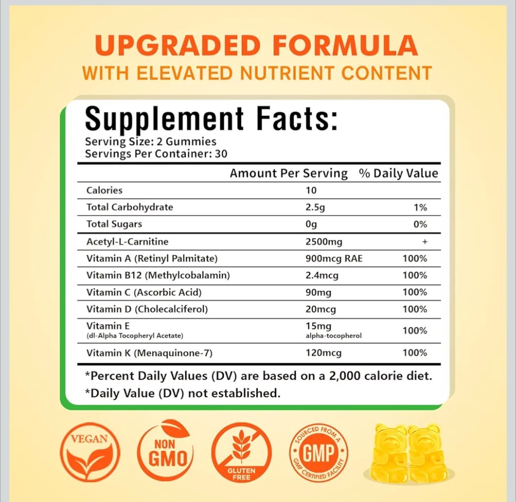 Suppgood Acetyl L Carnitine Gummies Dietary Supplement Mango 2500mg Vegan Sealed