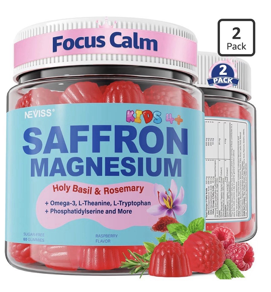 2 Pack Neviss Saffron Magnesium Glycinate For Kids 4+ Focus Calm Happy Mood