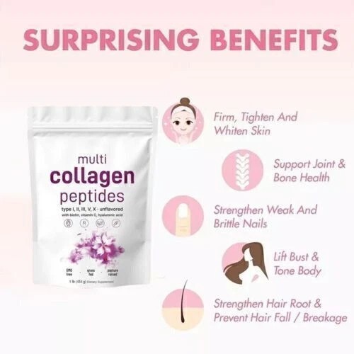 Hydrolyzed Multi Collagen Peptides Powder 1lb Type I II III V X Dietary