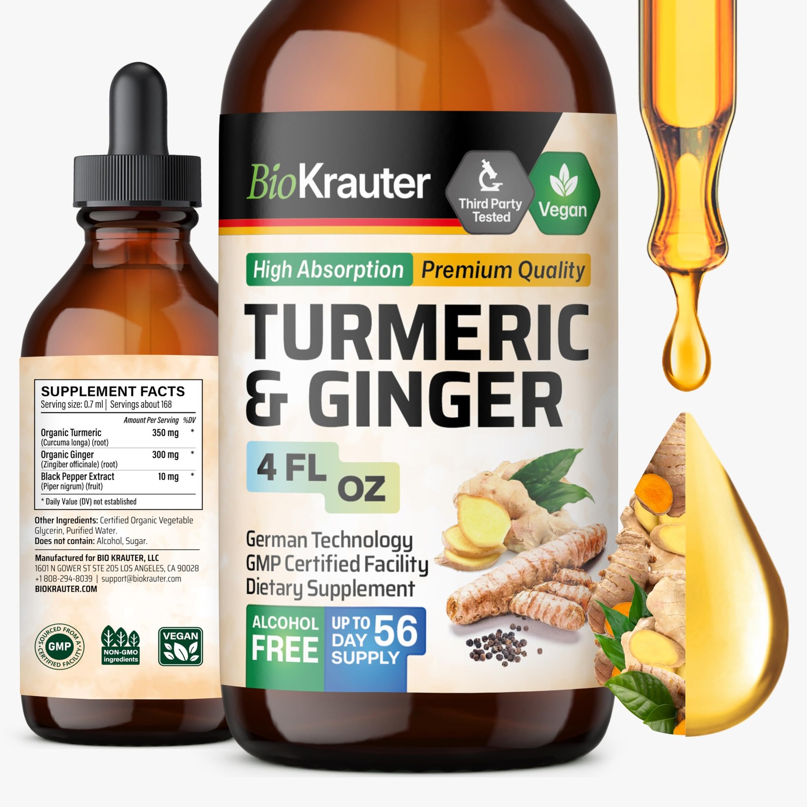 BIO KRAUTER® Turmeric and Ginger Supplement – Pure Vegan 4 Fl Oz (Pack of 1)