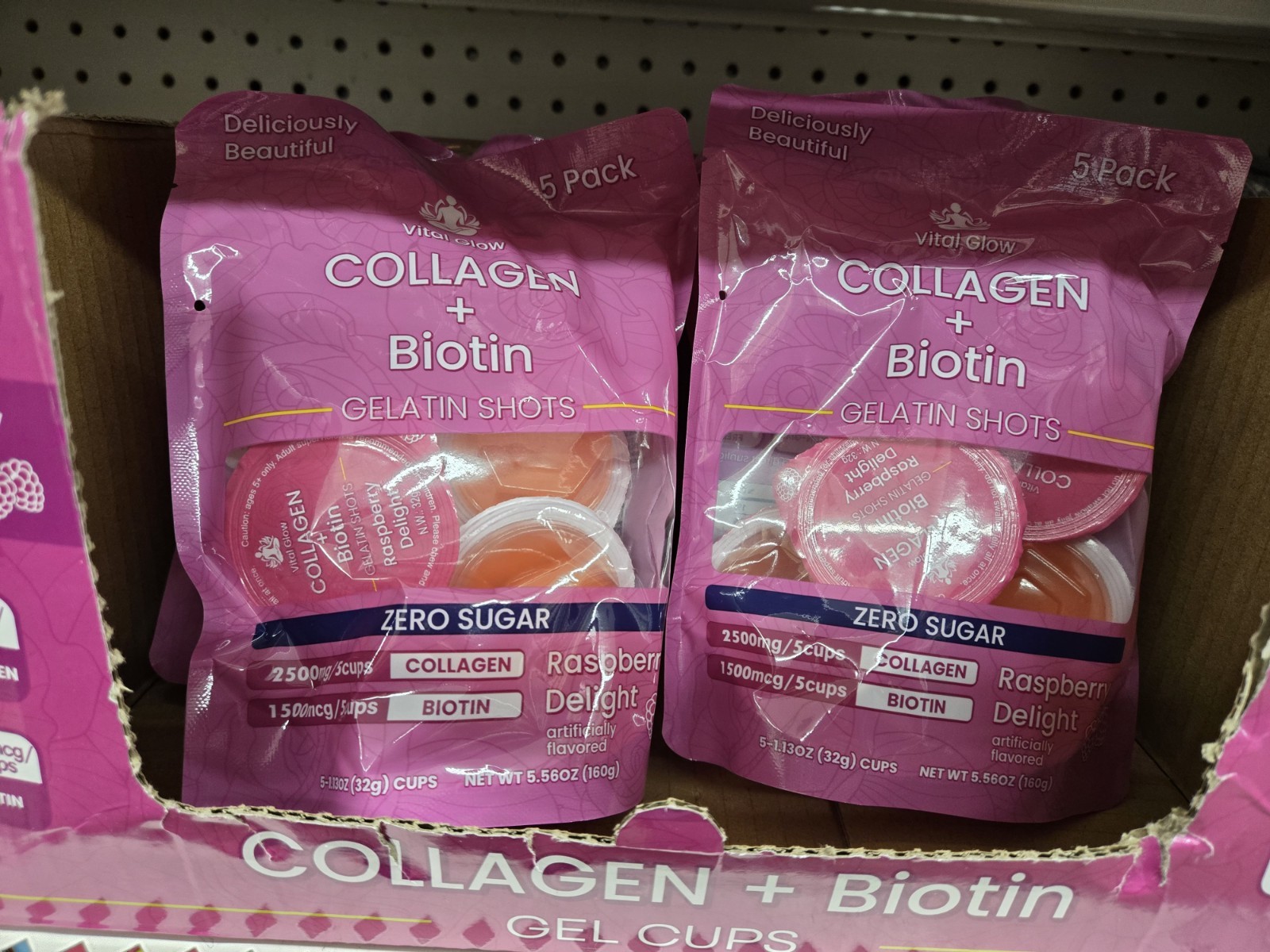 Lot Of 7 Vital Glow Collagen + Biotin Gelatin Shots 5 Pack Raspberry Zero Sugar