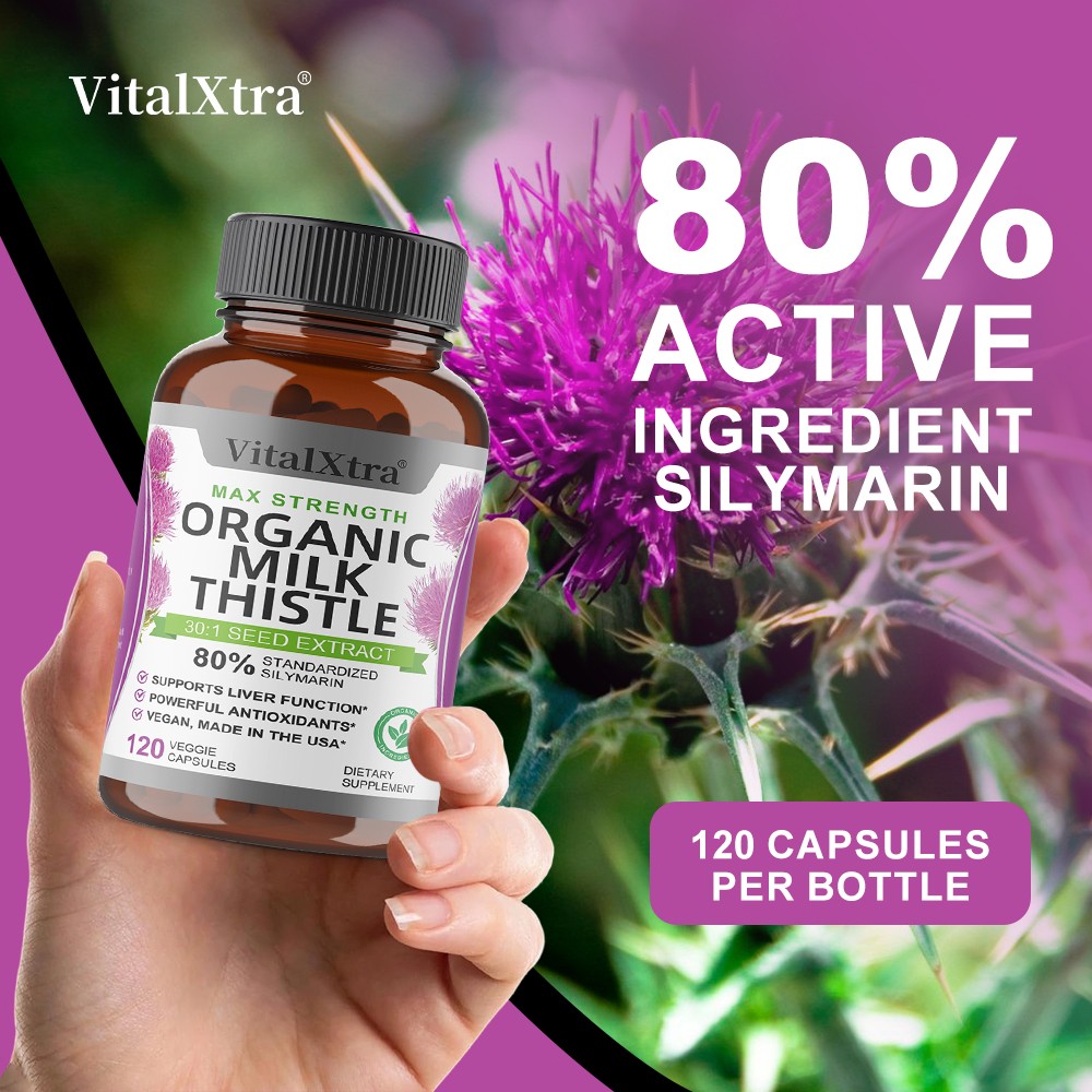 Organic Milk Thistl Extract 30/60/120Caps for Liver Detox, Digestive Support