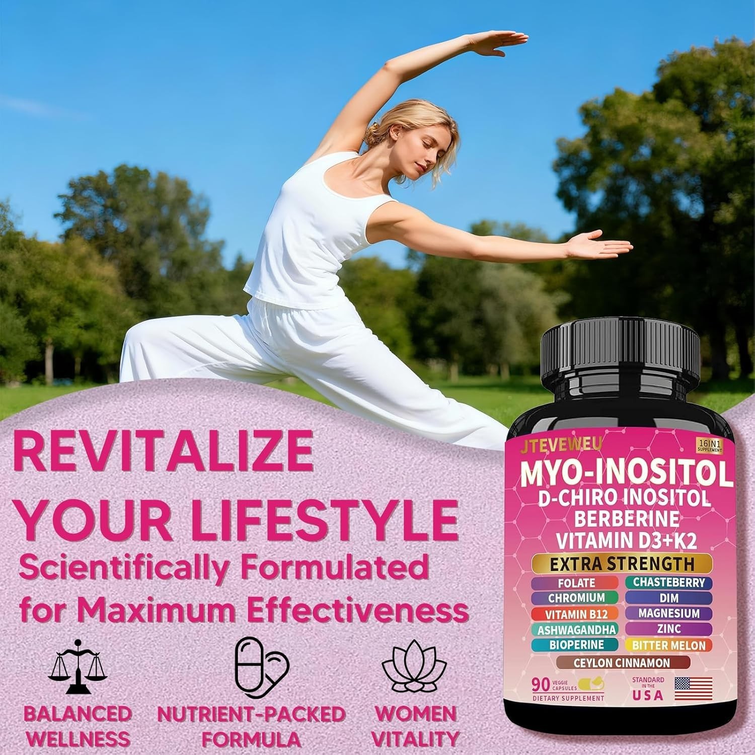 (2 Pack) Myo Inositol 16-in-1 Supplement w/ D-Chiro Inositol, Folate, Vitamin D