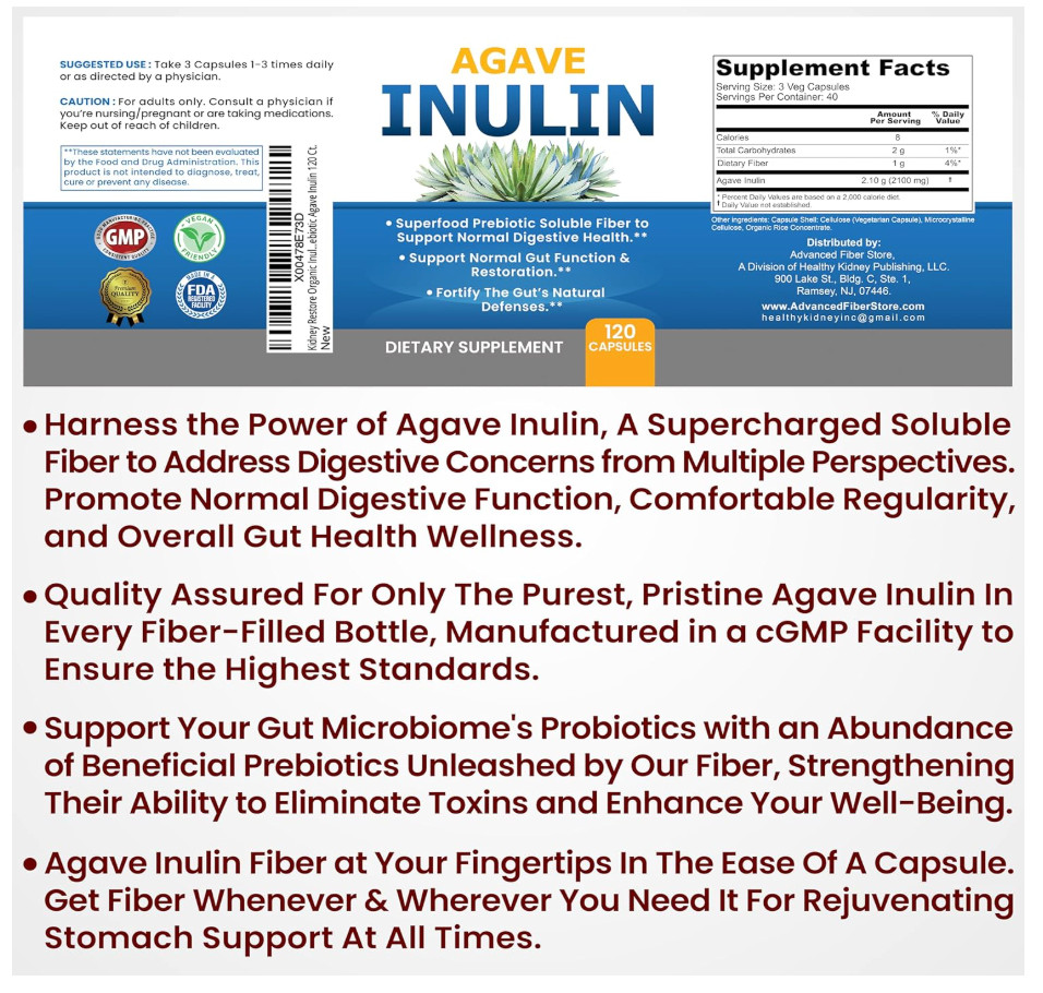 Kidney Restore Agave Inulin Prebiotic Fiber Caps 120 Ct Digestive EXP 07/27
