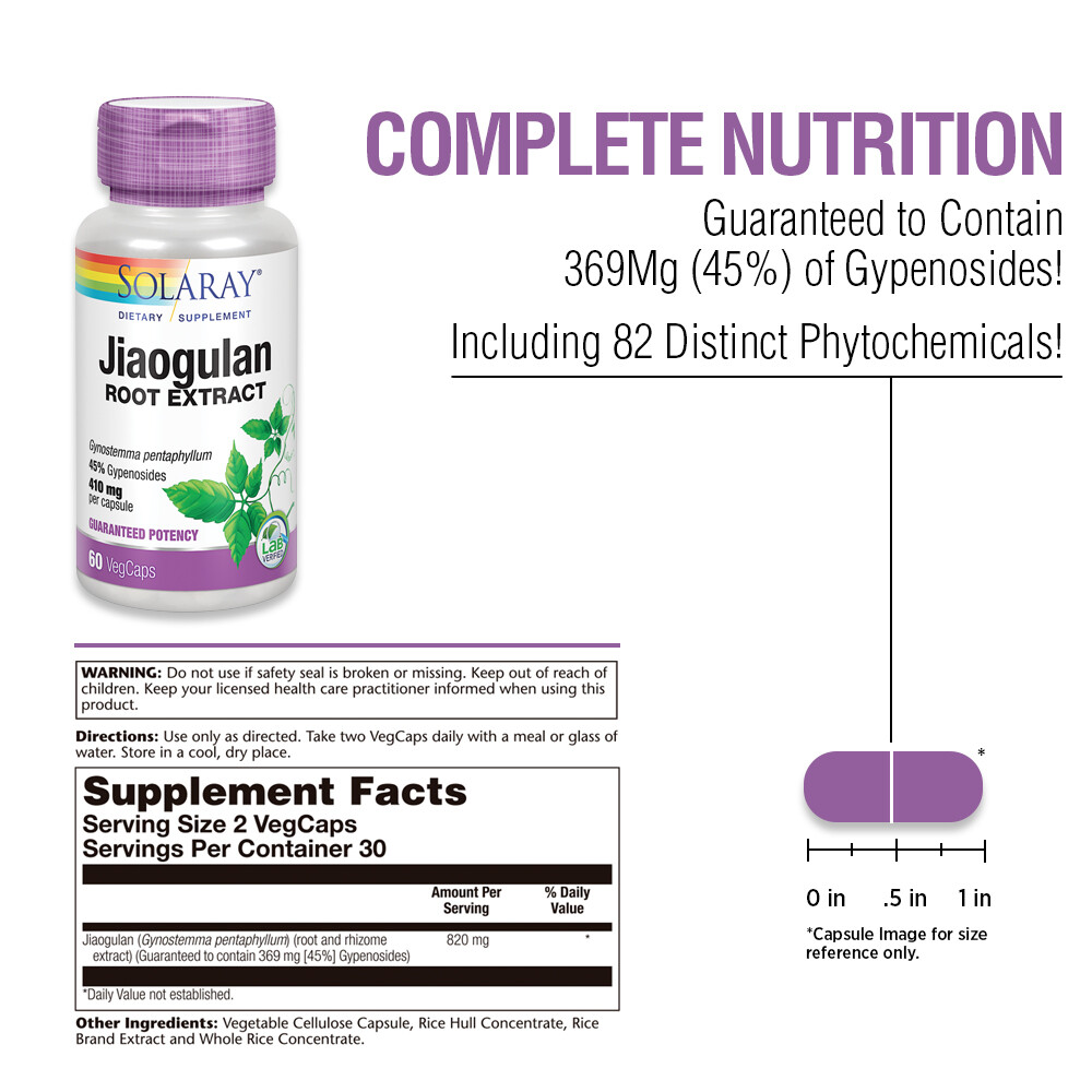 Solaray Guaranteed Potency Jiaogulan Root Extract, Veg Cap (Btl-Plastic) 410mg