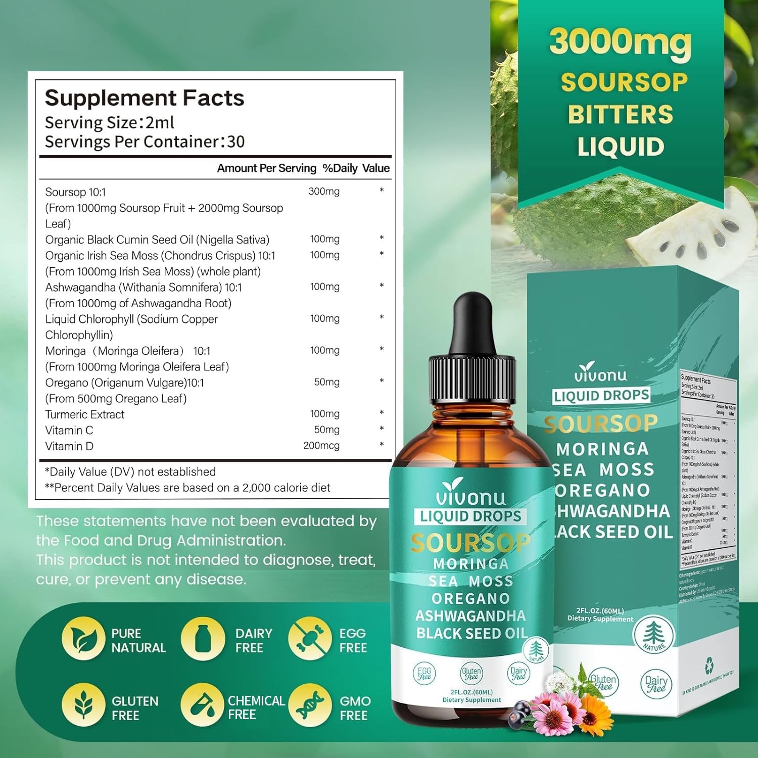 10-in-1 Soursop Bitters Liquid Drops 2 Fl Oz (Pack of 1), 2 1)