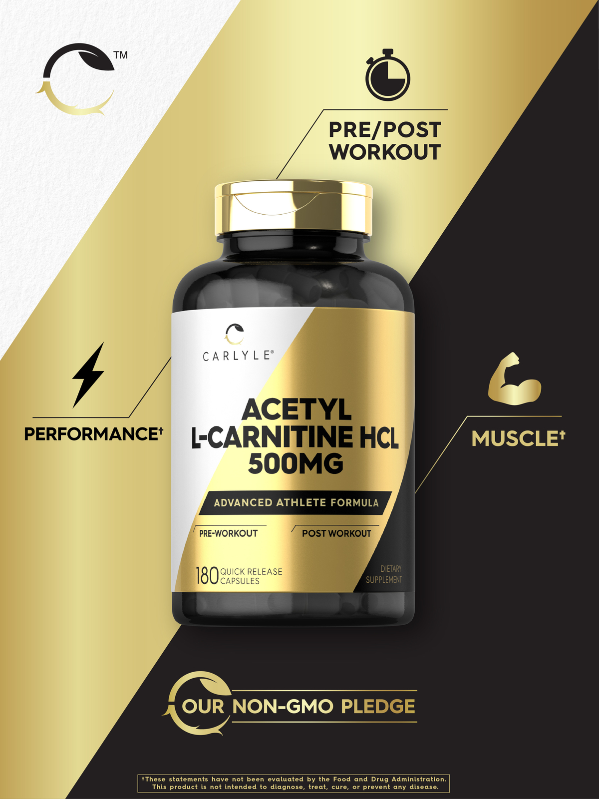 Acetyl L-Carnitine HCL 500mg | 180 Capsules | Non- GMO, Gluten Free | by Carlyle