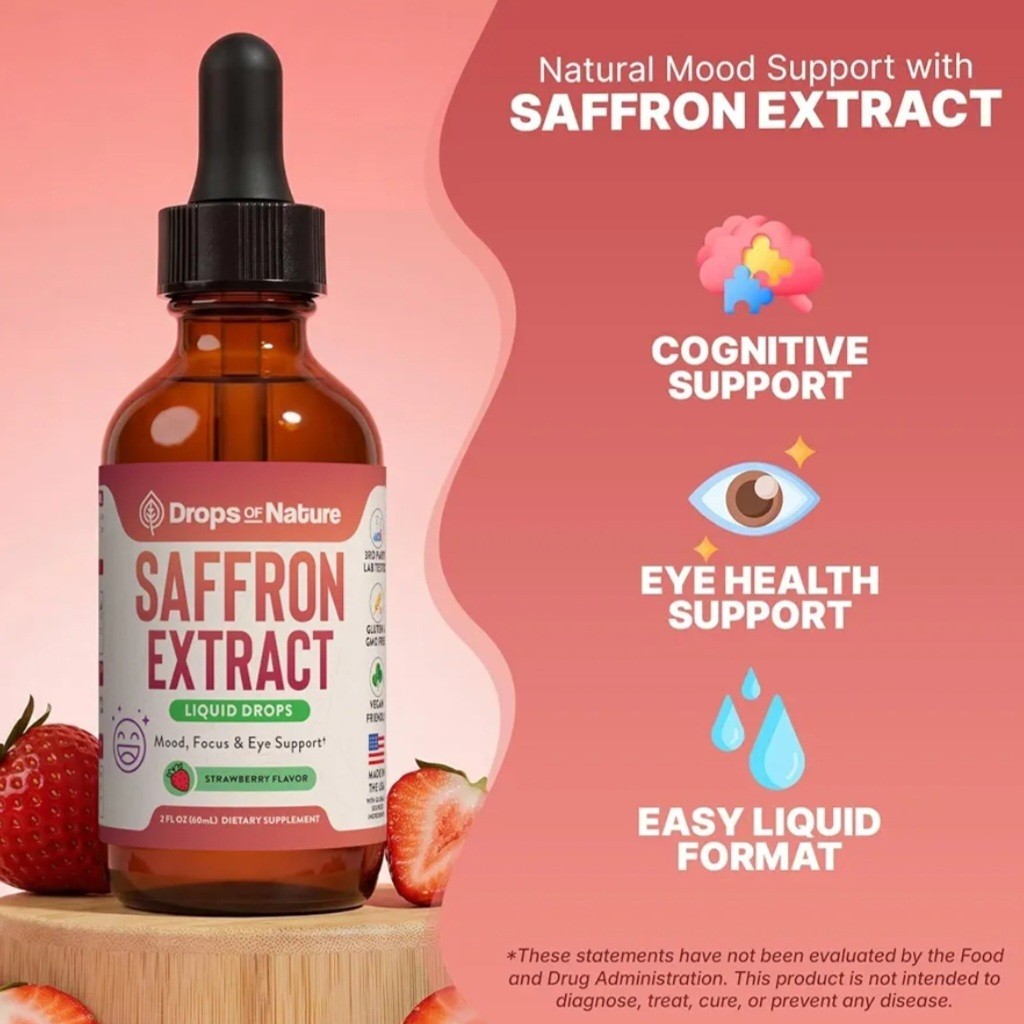 Drops Of Nature Pure Saffron Extract Supplement Liquid 2 fl oz Strawberry Mood