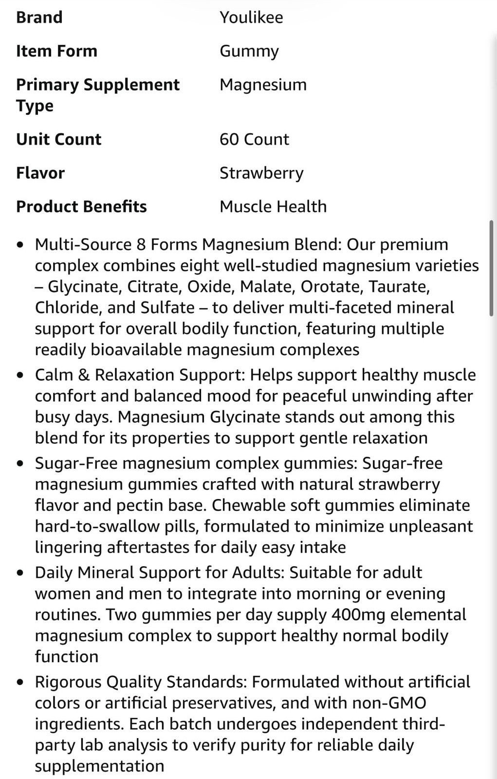 Youlikee Magnesium Complex 400mg Gummies Strawberry 60ct Vegan Sugar-Free