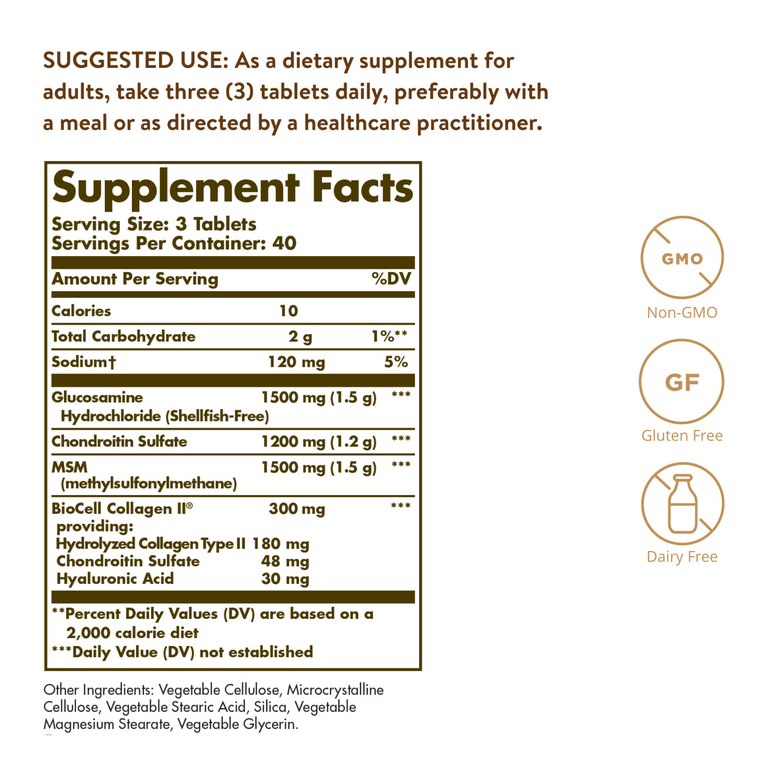 Solgar Glucosamine Hyaluronic Acid Chondroitin MSM Shellfish-Free 120 Tablets