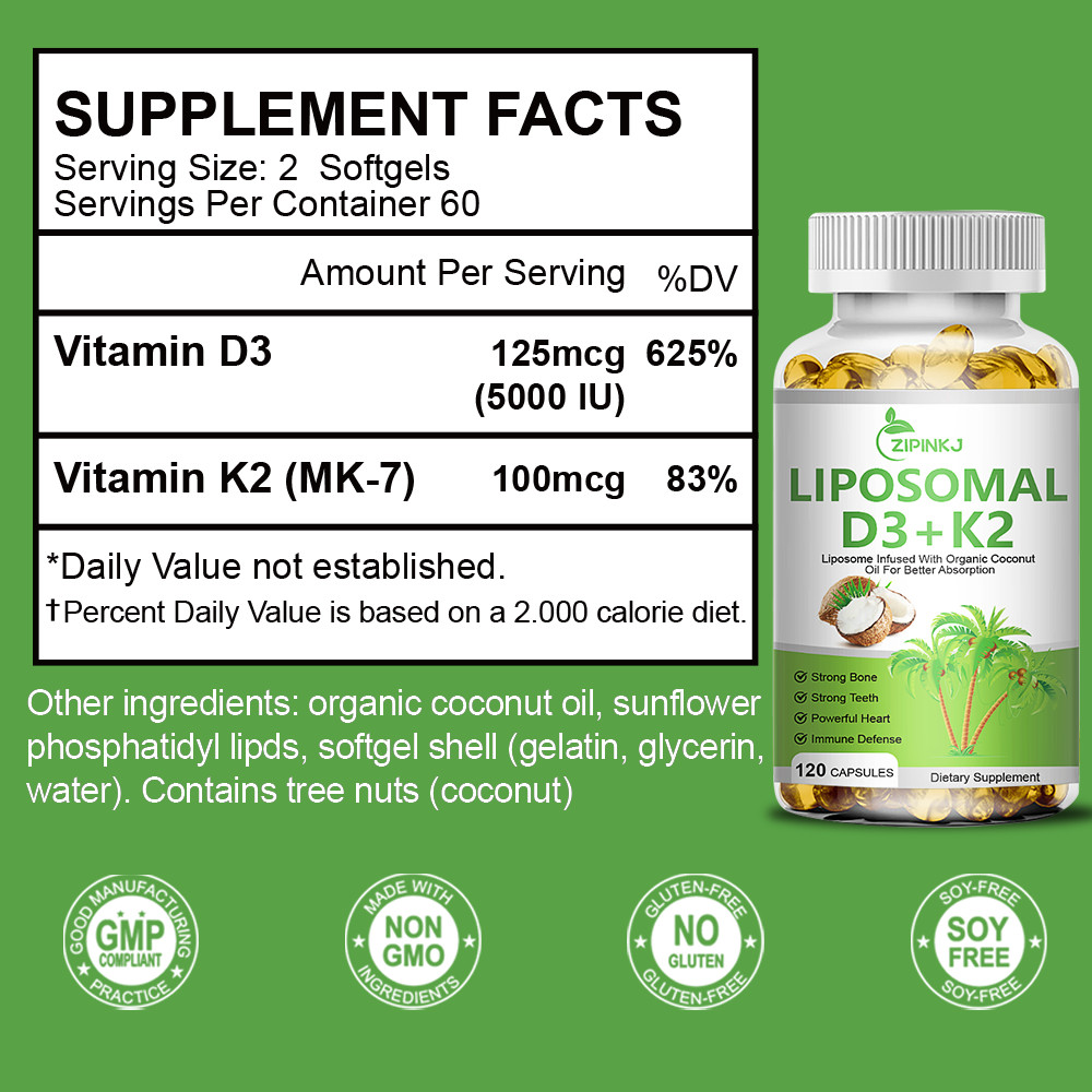 LIPOSOMAL D3+K2 120 Capsules With Organic CoconutOil For Better Absorption