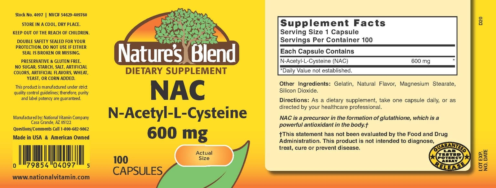 NAC Nutritional Supplement 100 Capsules Immune Support Antioxidant Detox Aid