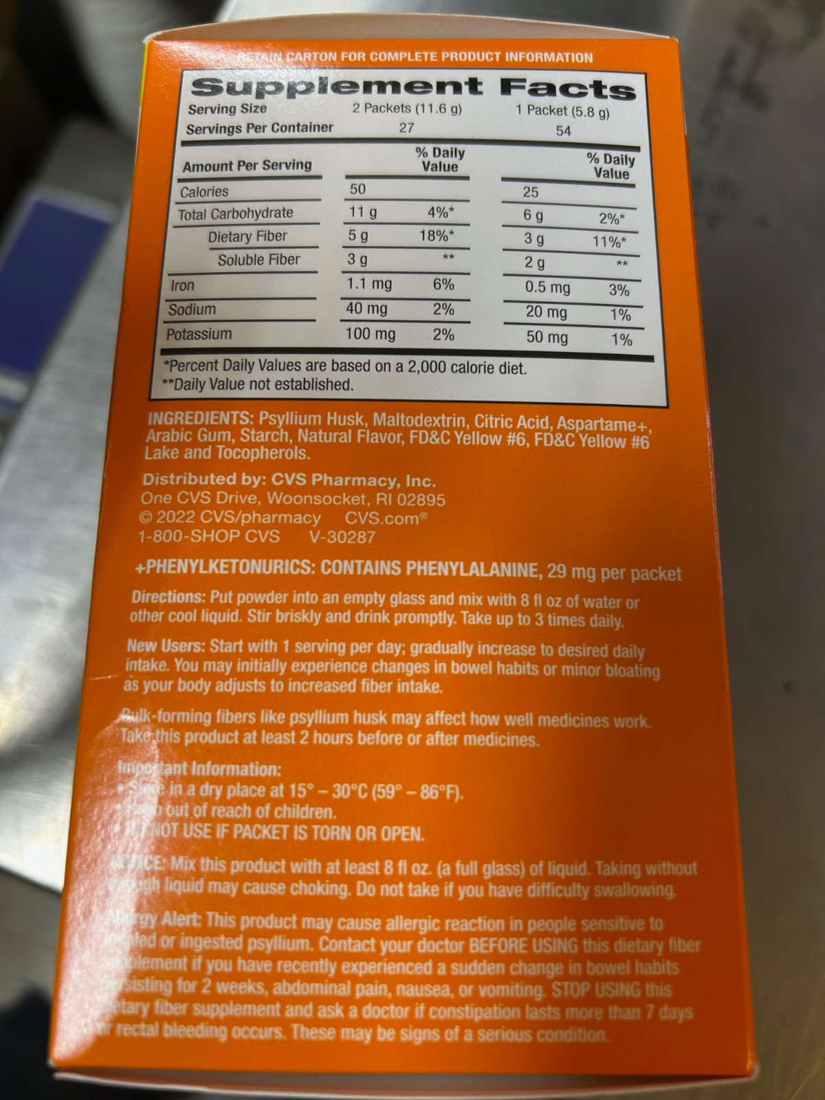 CVS Health Daily Fiber Psyllium Husk 54 Pks Orange Sugar Free BB 12/2026 Meta